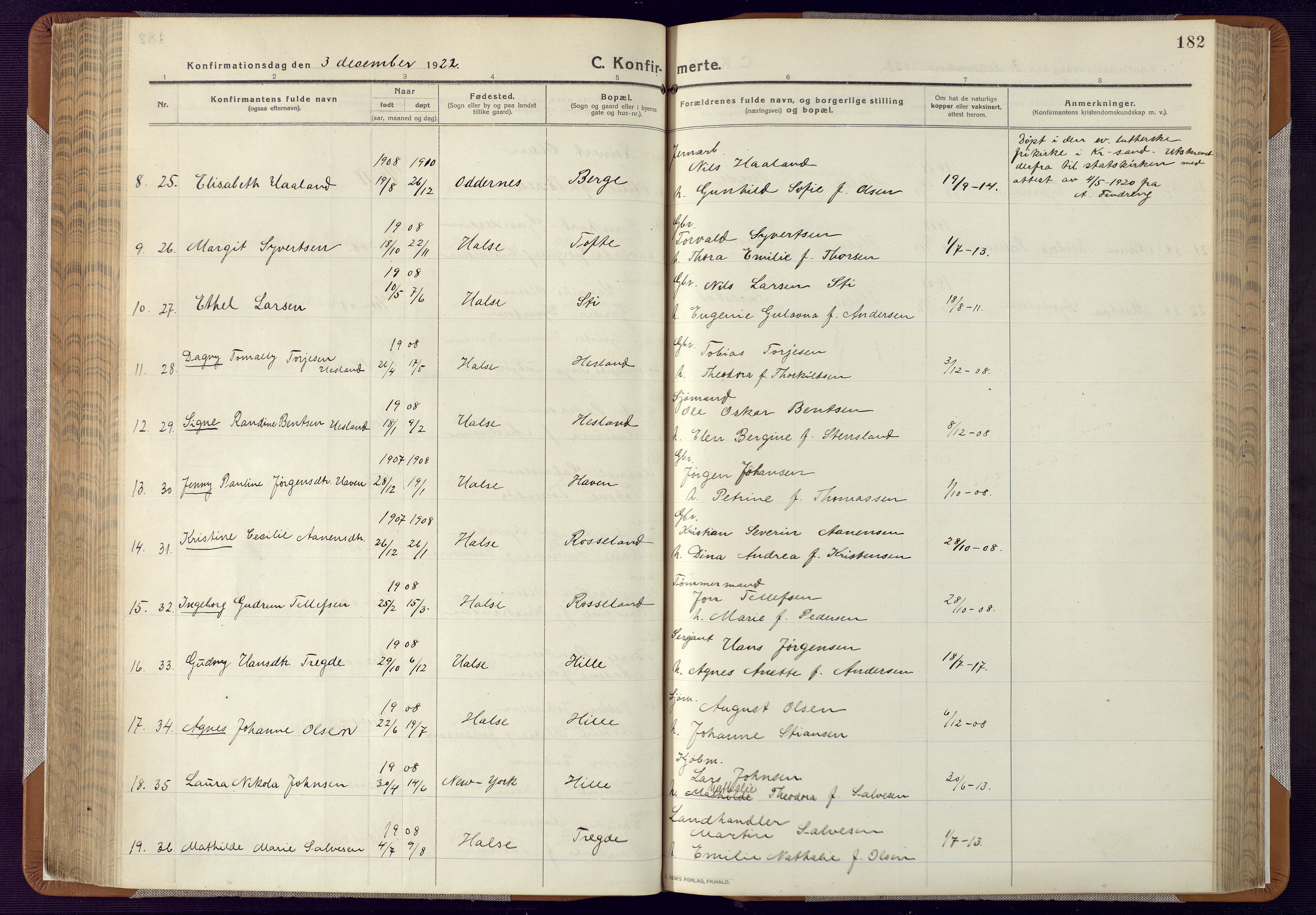 Mandal sokneprestkontor, AV/SAK-1111-0030/F/Fa/Faa/L0022: Parish register (official) no. A 22, 1913-1925, p. 182