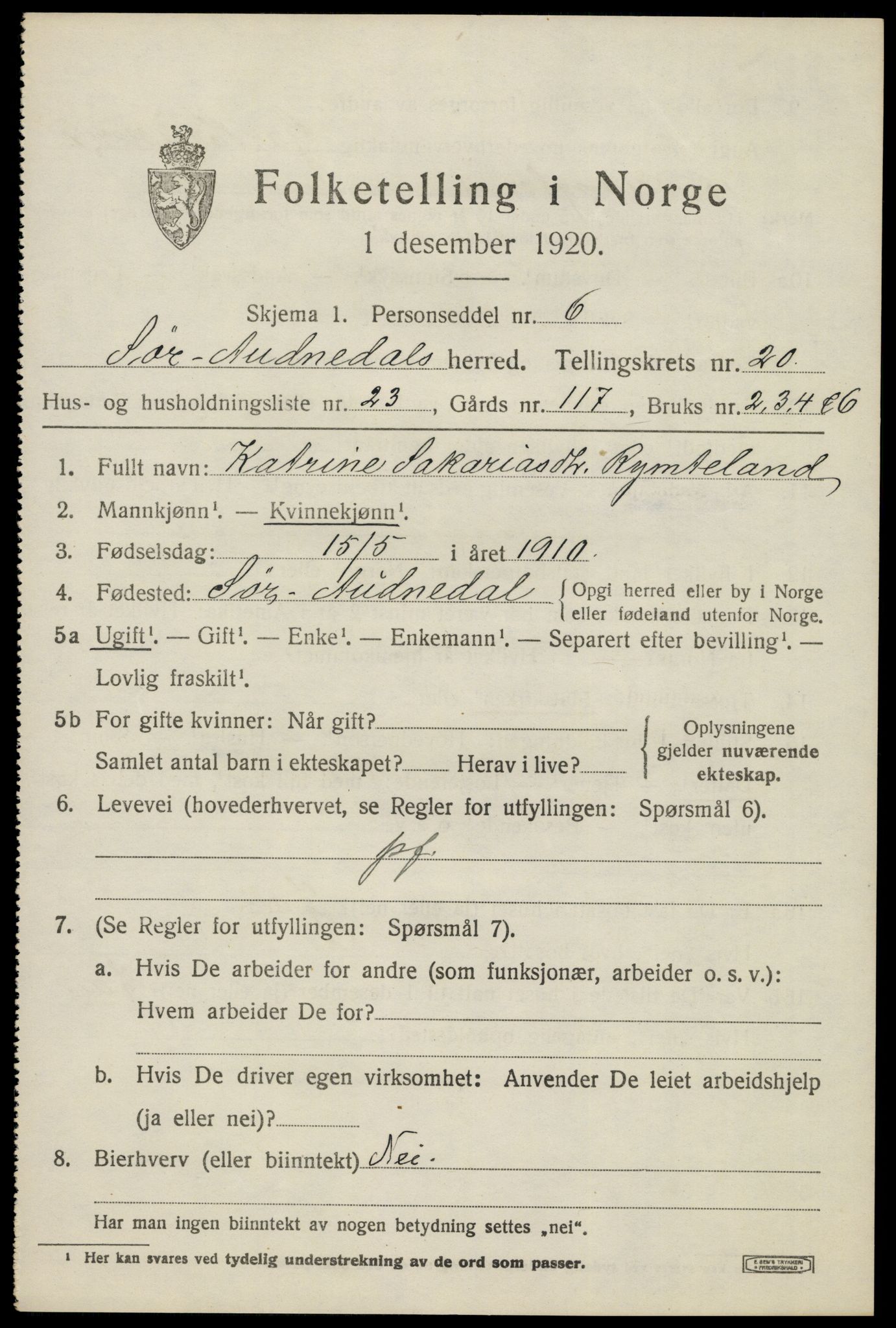 SAK, 1920 census for Sør-Audnedal, 1920, p. 6903