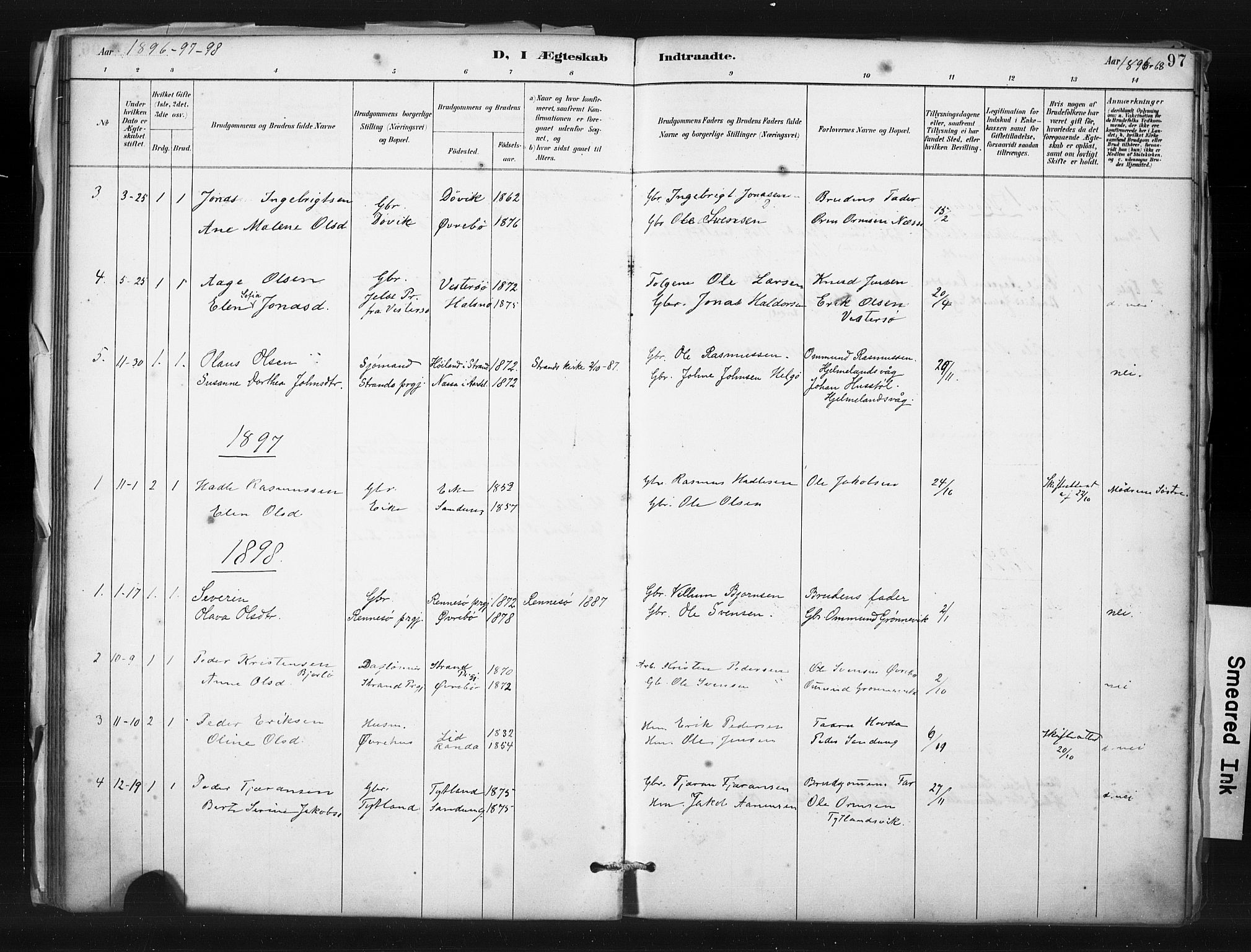 Hjelmeland sokneprestkontor, SAST/A-101843/01/IV/L0015: Parish register (official) no. A 15, 1887-1910, p. 97