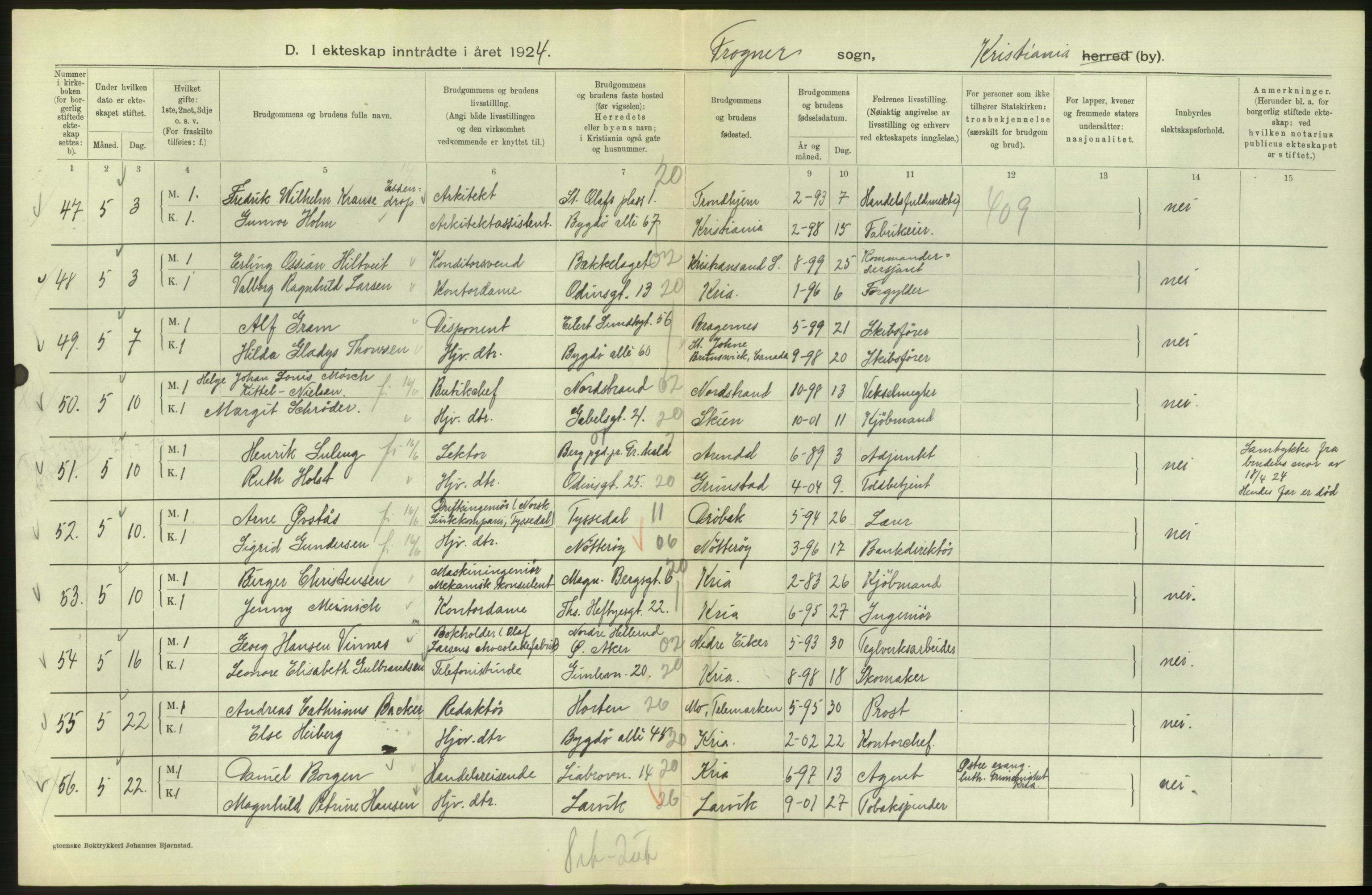 Statistisk sentralbyrå, Sosiodemografiske emner, Befolkning, AV/RA-S-2228/D/Df/Dfc/Dfcd/L0007: Kristiania: Gifte, 1924, p. 212