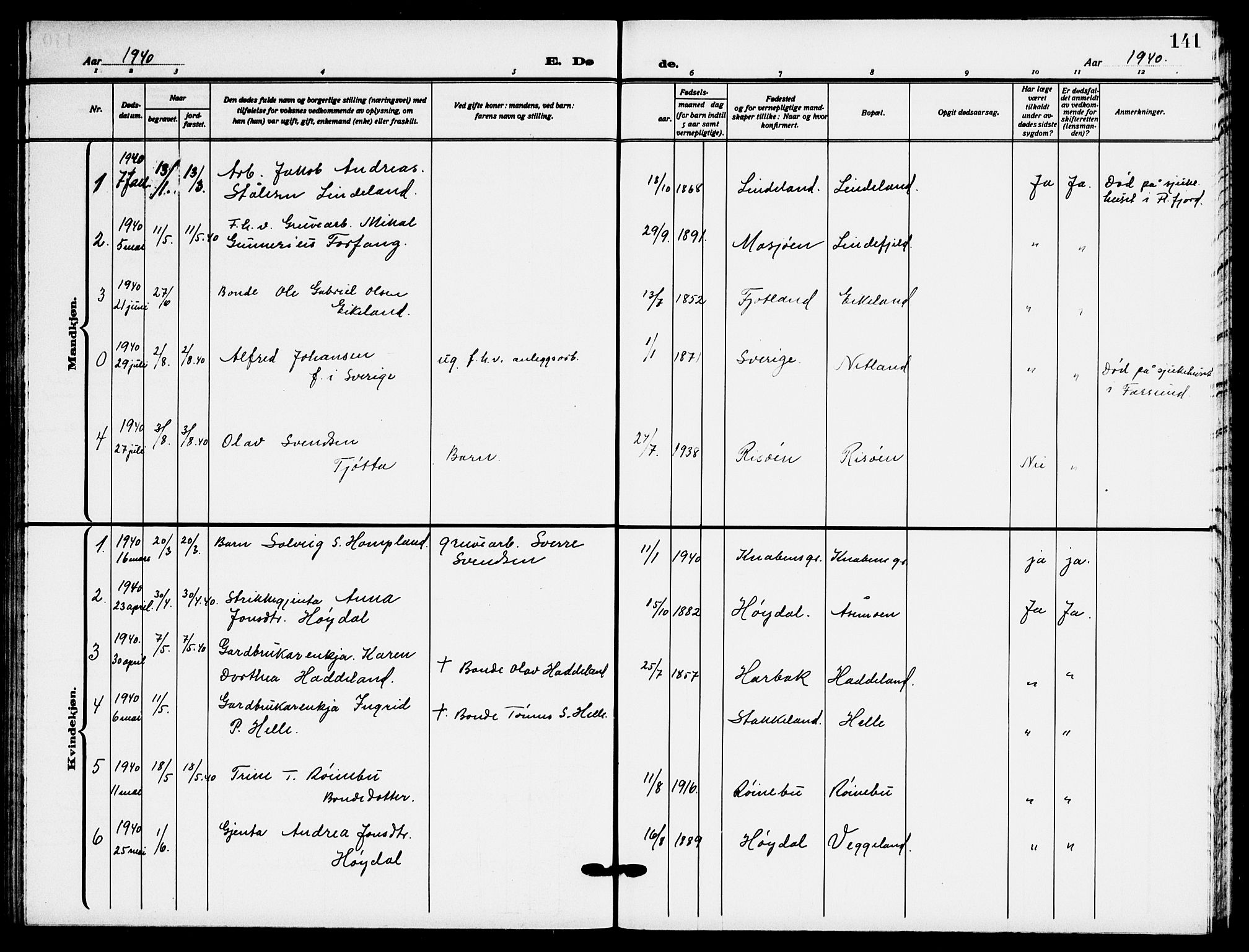 Fjotland sokneprestkontor, AV/SAK-1111-0010/F/Fb/L0004: Parish register (copy) no. B 4, 1925-1941, p. 141