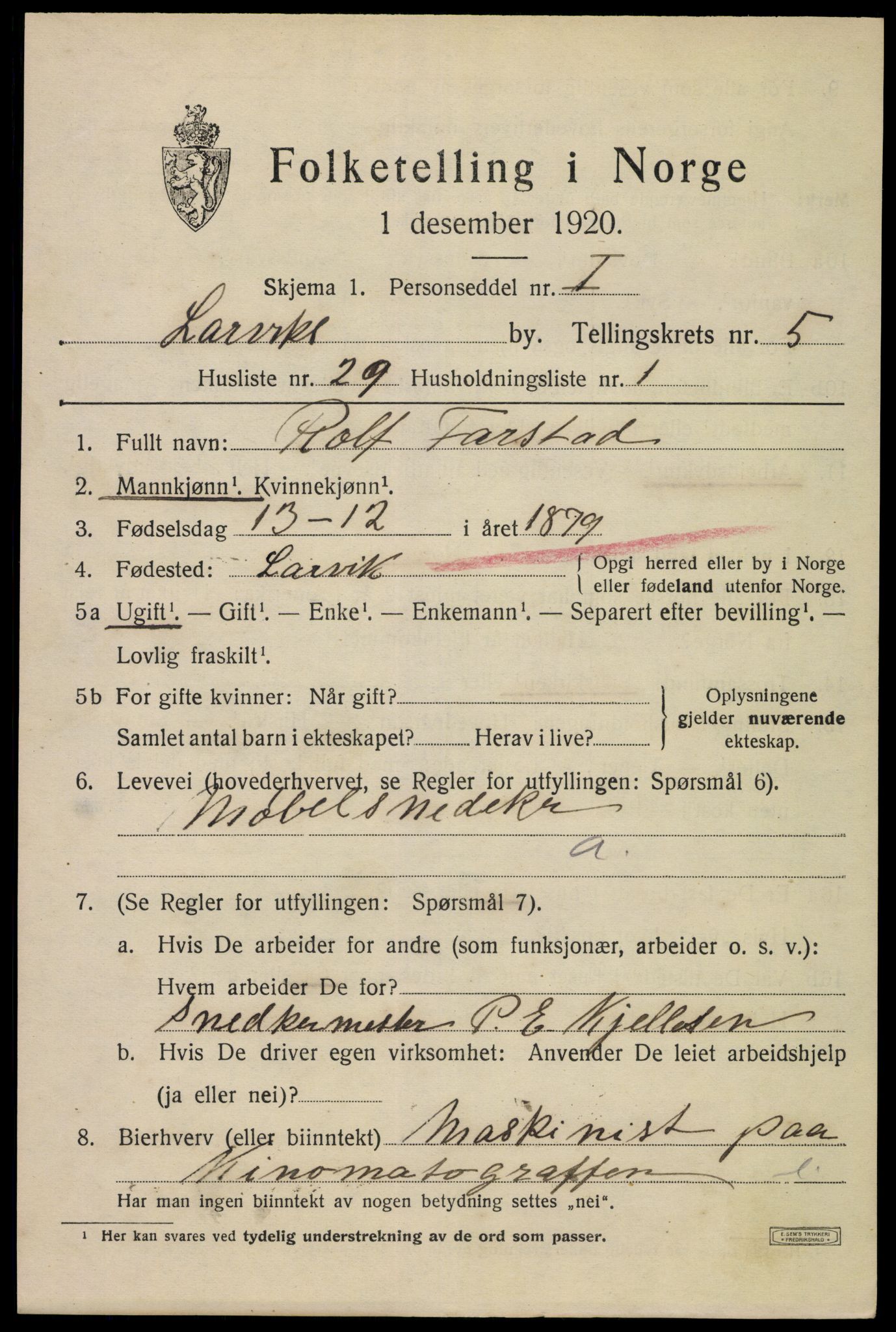 SAKO, 1920 census for Larvik, 1920, p. 16594