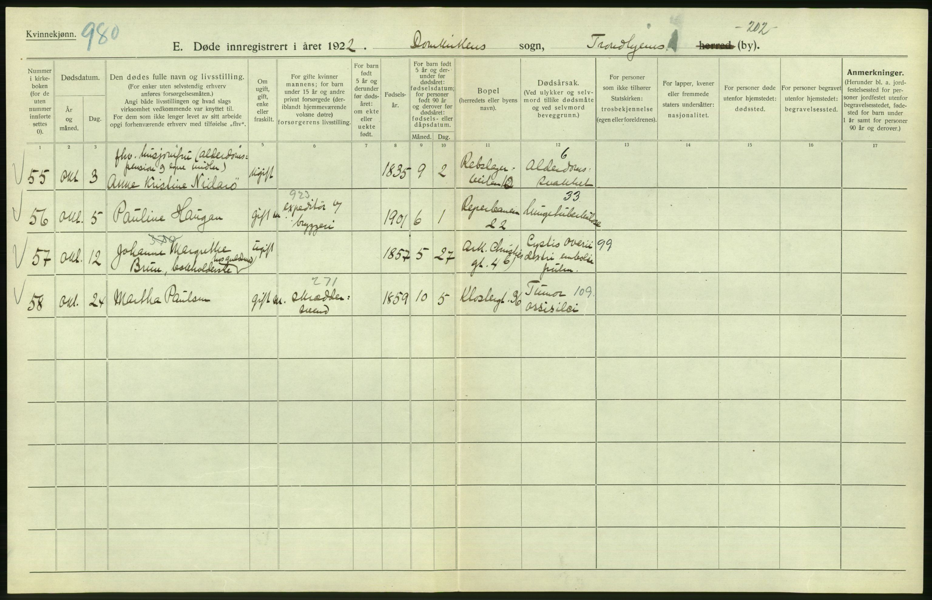 Statistisk sentralbyrå, Sosiodemografiske emner, Befolkning, AV/RA-S-2228/D/Df/Dfc/Dfcb/L0040: Trondheim: Gifte, døde, dødfødte., 1922, p. 226