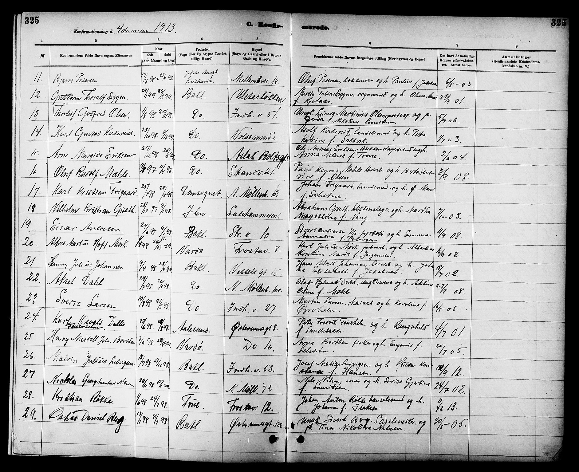 Ministerialprotokoller, klokkerbøker og fødselsregistre - Sør-Trøndelag, SAT/A-1456/605/L0254: Parish register (copy) no. 605C01, 1908-1916, p. 325
