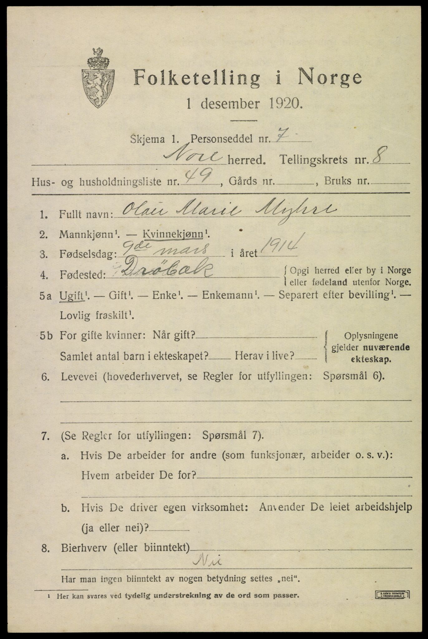 SAKO, 1920 census for Nore, 1920, p. 4764