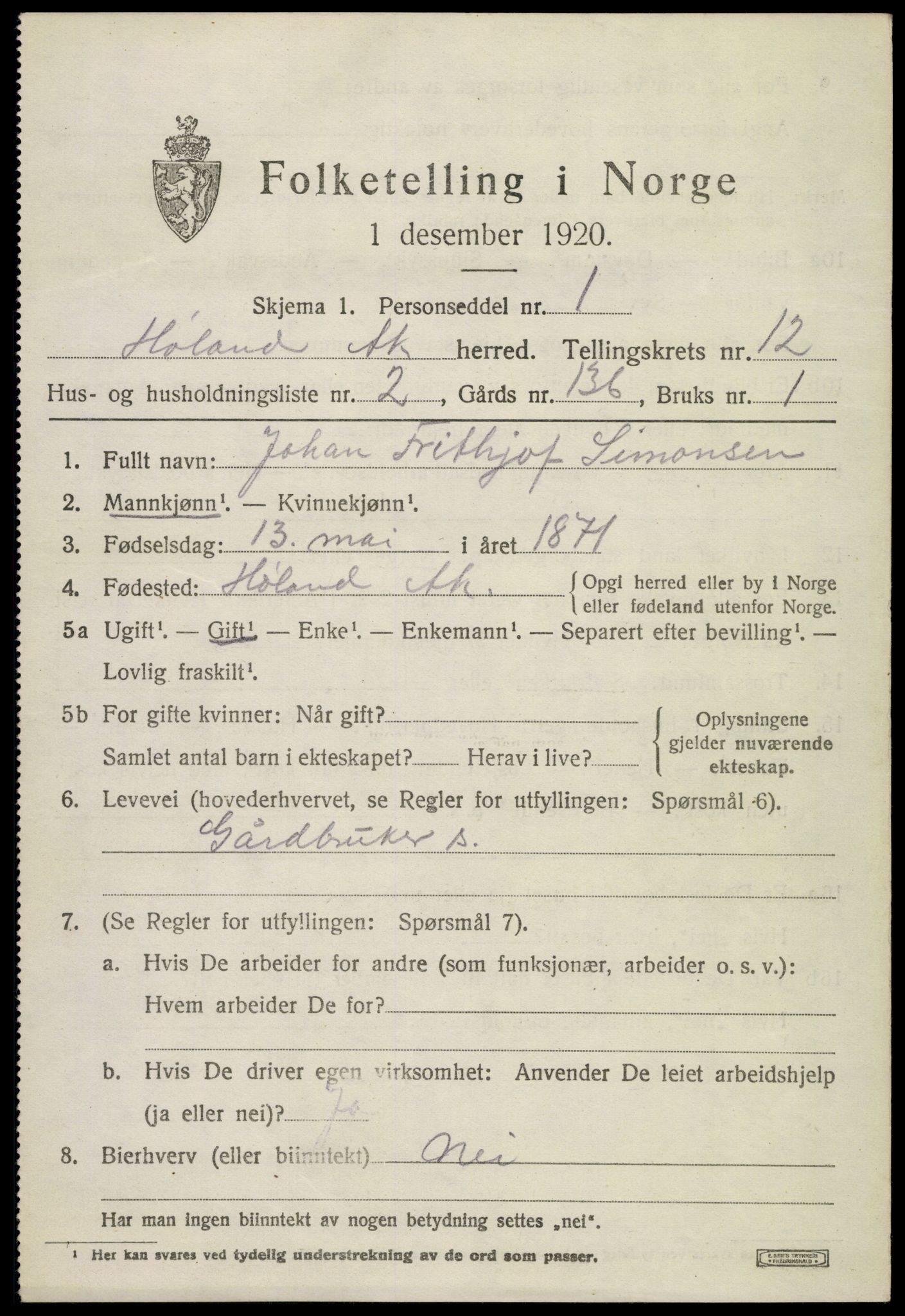 SAO, 1920 census for Høland, 1920, p. 11677