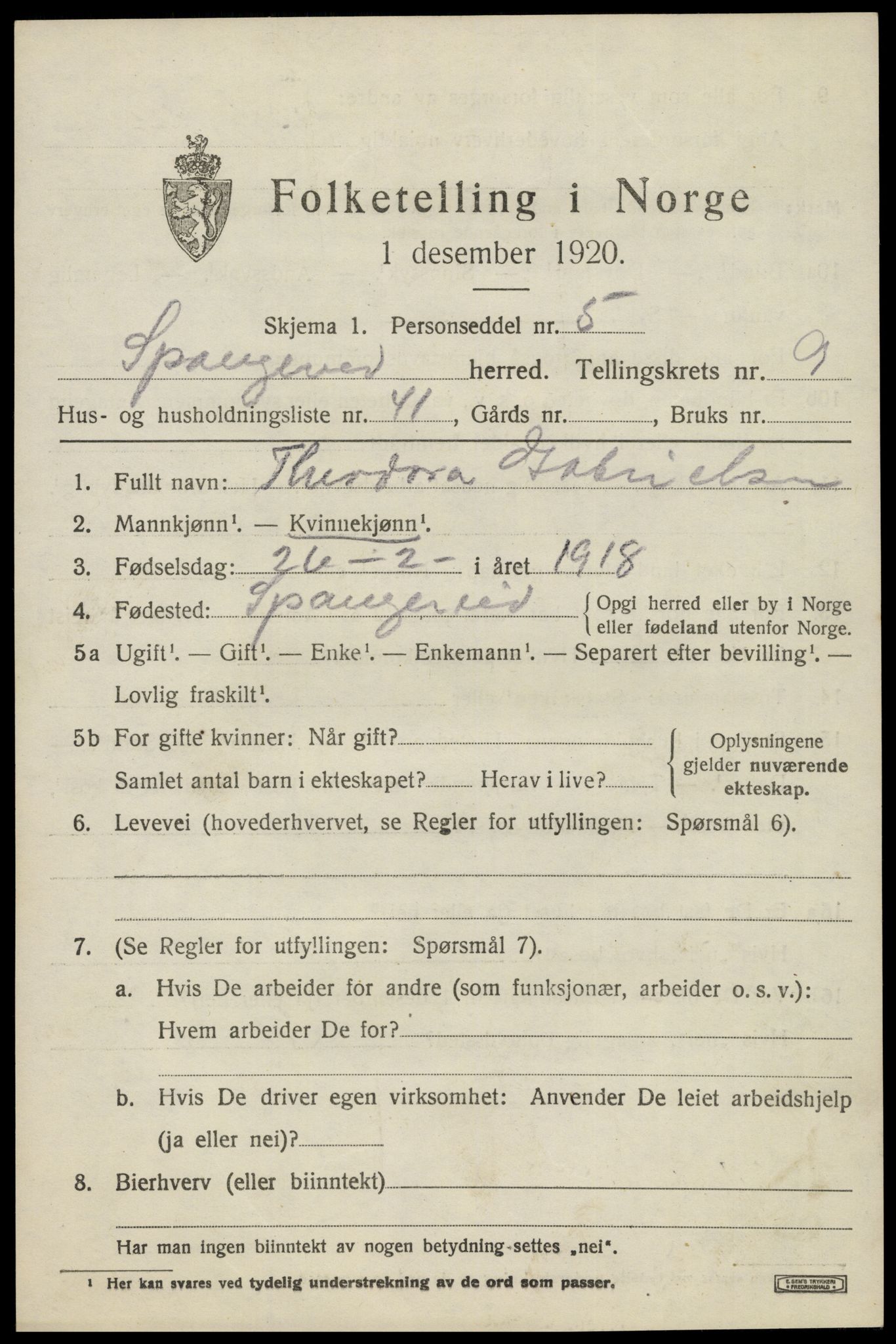 SAK, 1920 census for Spangereid, 1920, p. 3487