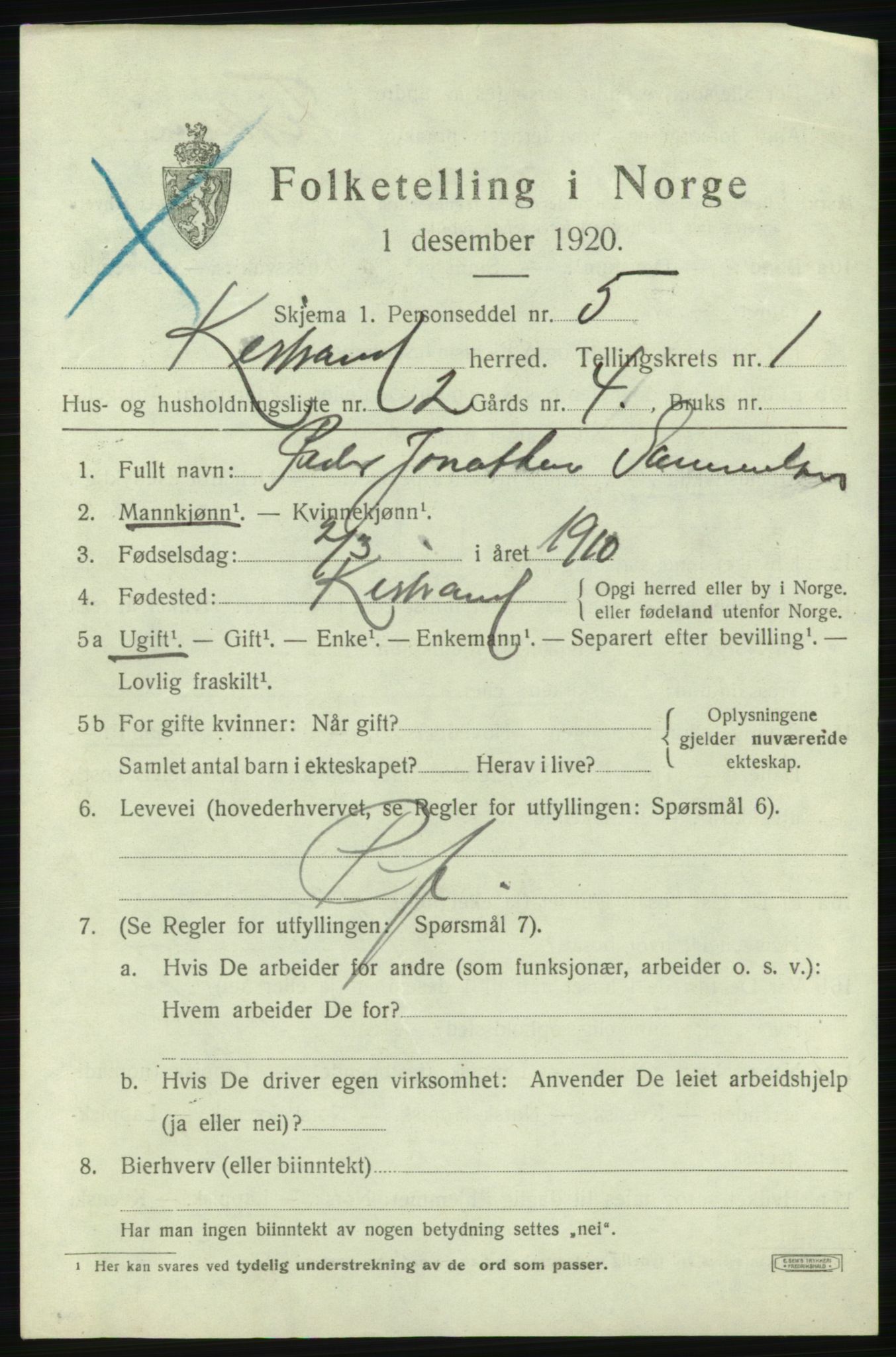 SATØ, 1920 census for Kistrand, 1920, p. 858