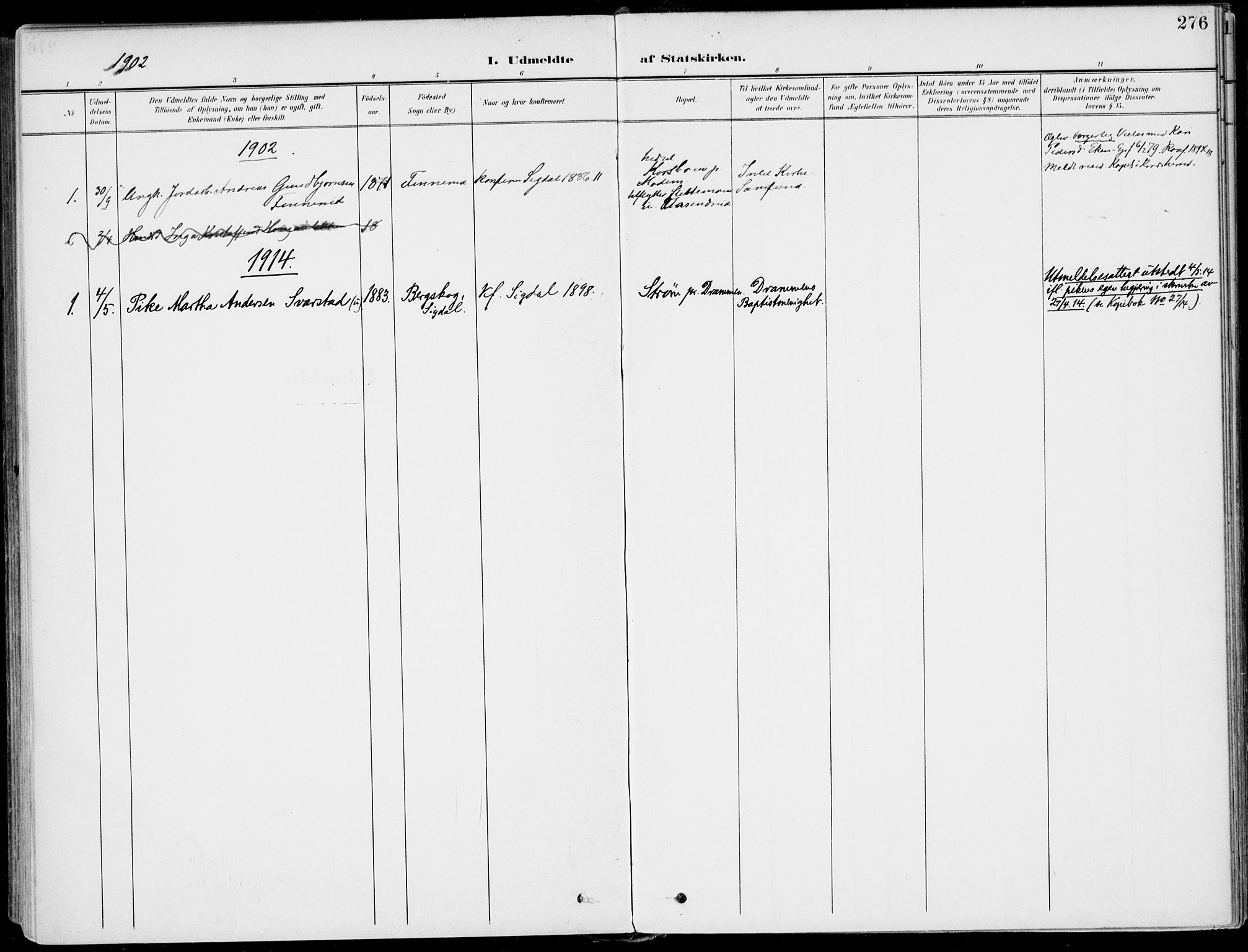 Sigdal kirkebøker, SAKO/A-245/F/Fb/L0002: Parish register (official) no. II 2, 1901-1914, p. 276