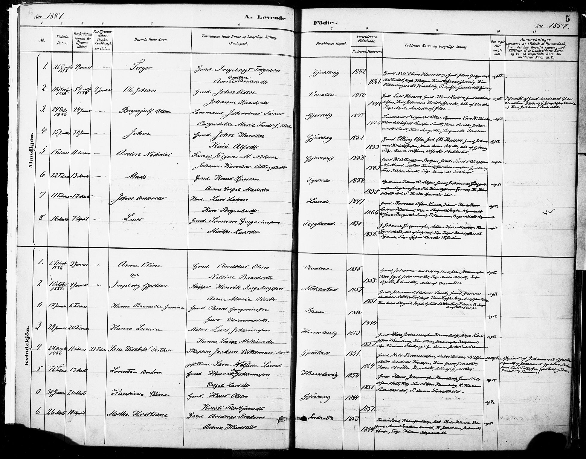 Tysnes sokneprestembete, SAB/A-78601/H/Haa: Parish register (official) no. B 1, 1887-1906, p. 5