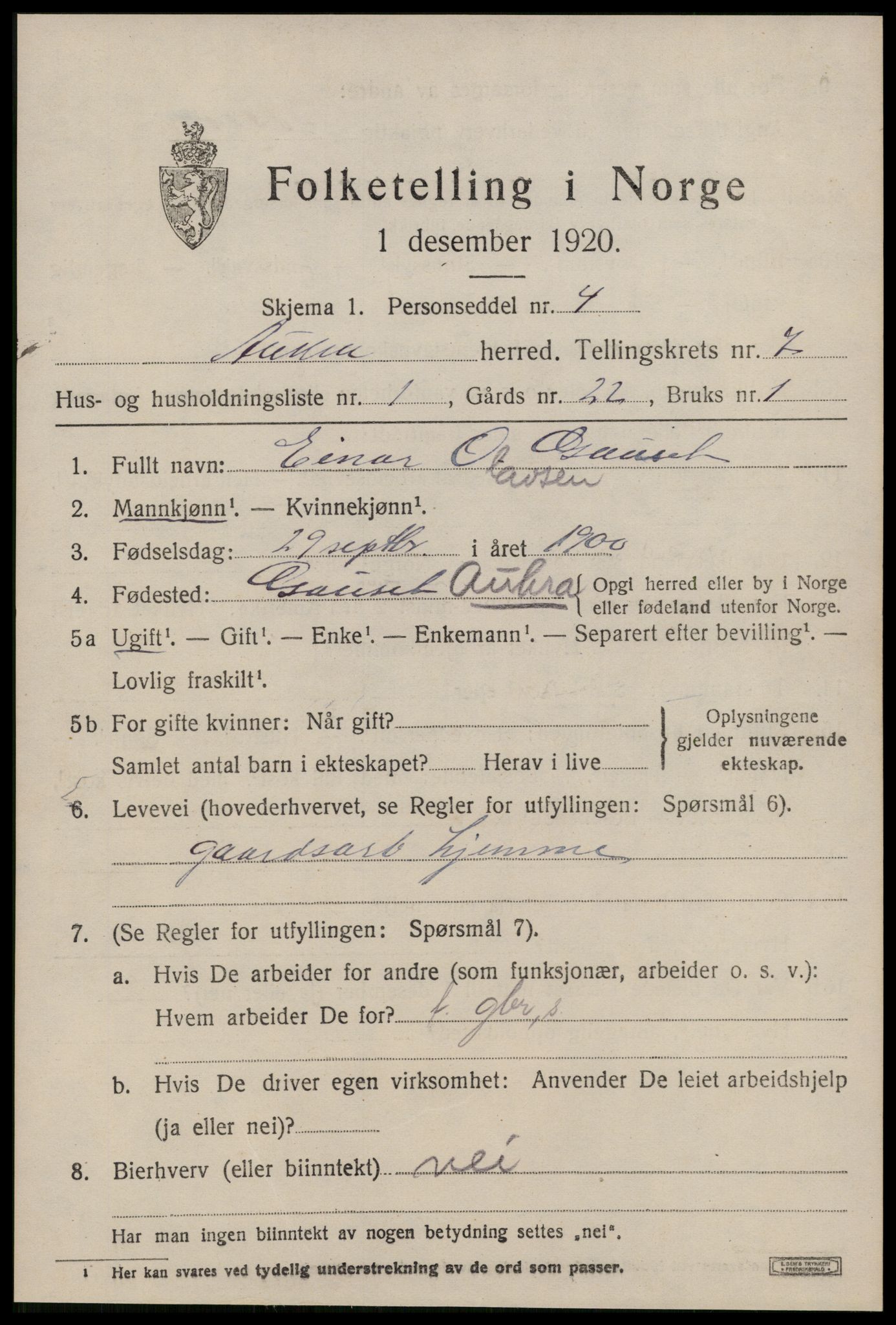 SAT, 1920 census for Aukra, 1920, p. 4239