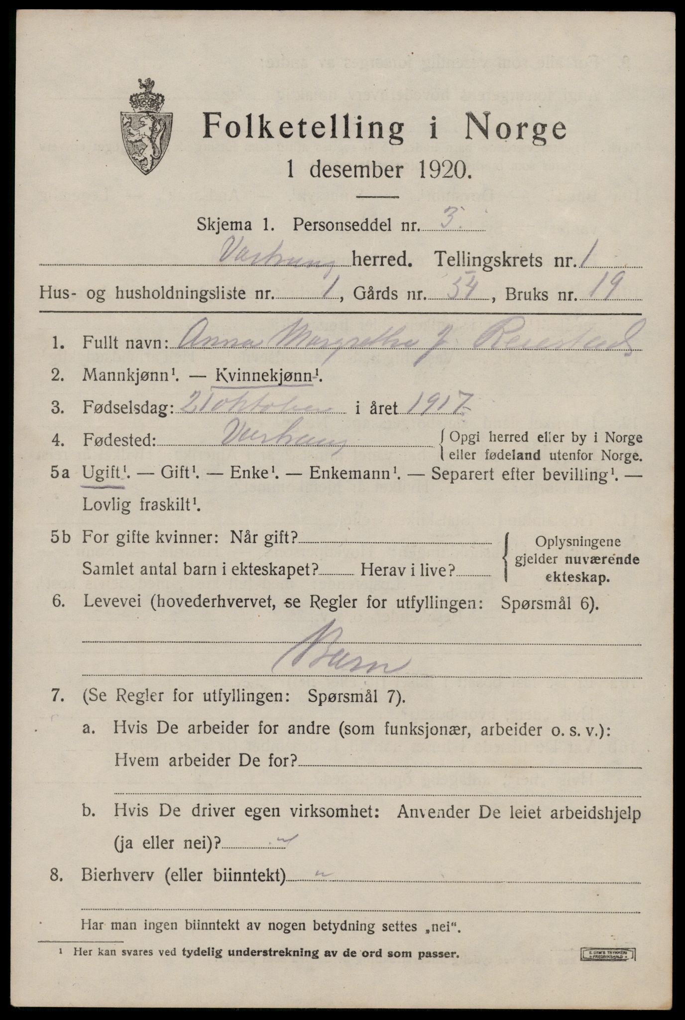 SAST, 1920 census for Varhaug, 1920, p. 807