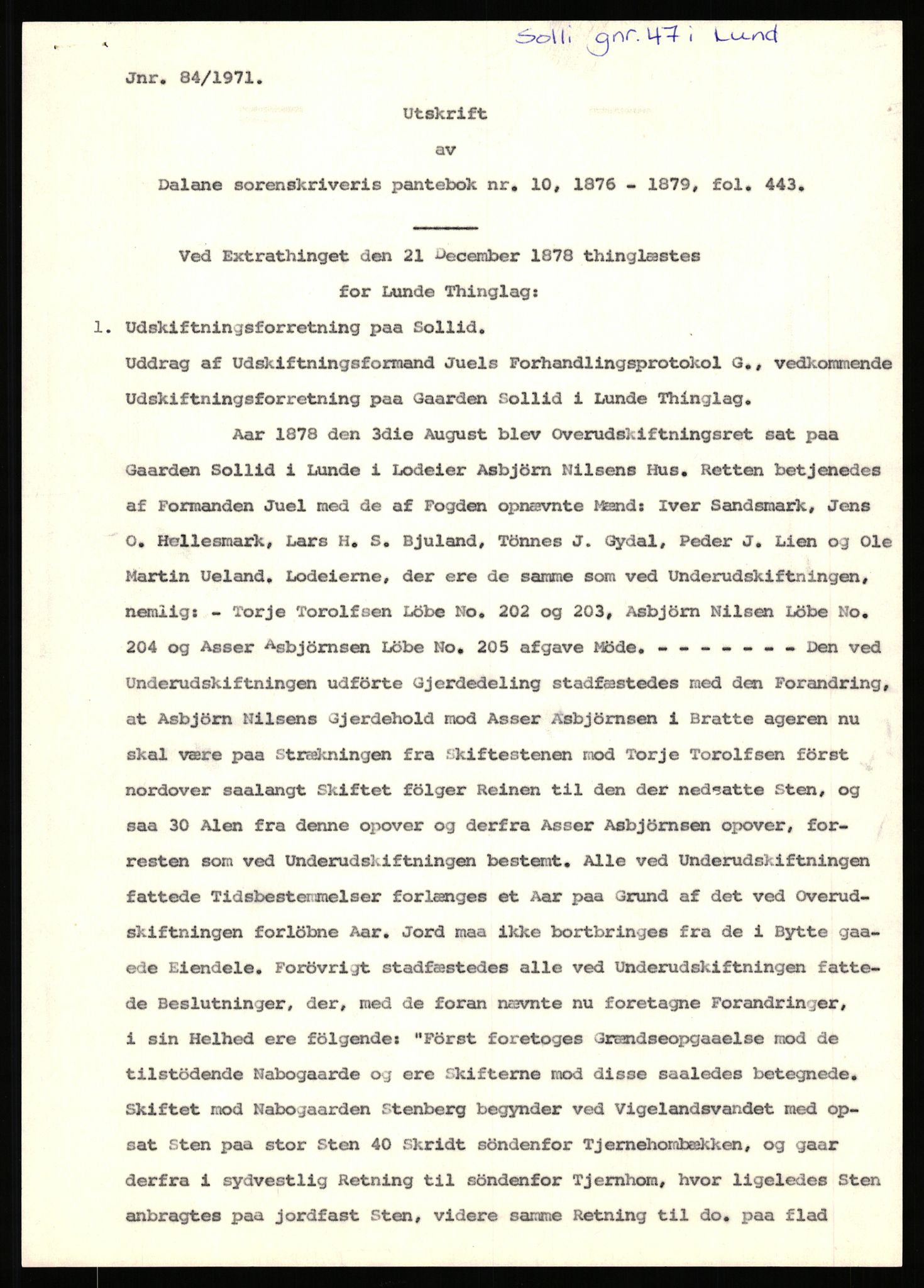 Statsarkivet i Stavanger, AV/SAST-A-101971/03/Y/Yj/L0078: Avskrifter sortert etter gårdsnavn: Solli i Lund - Staurland, 1750-1930, p. 54