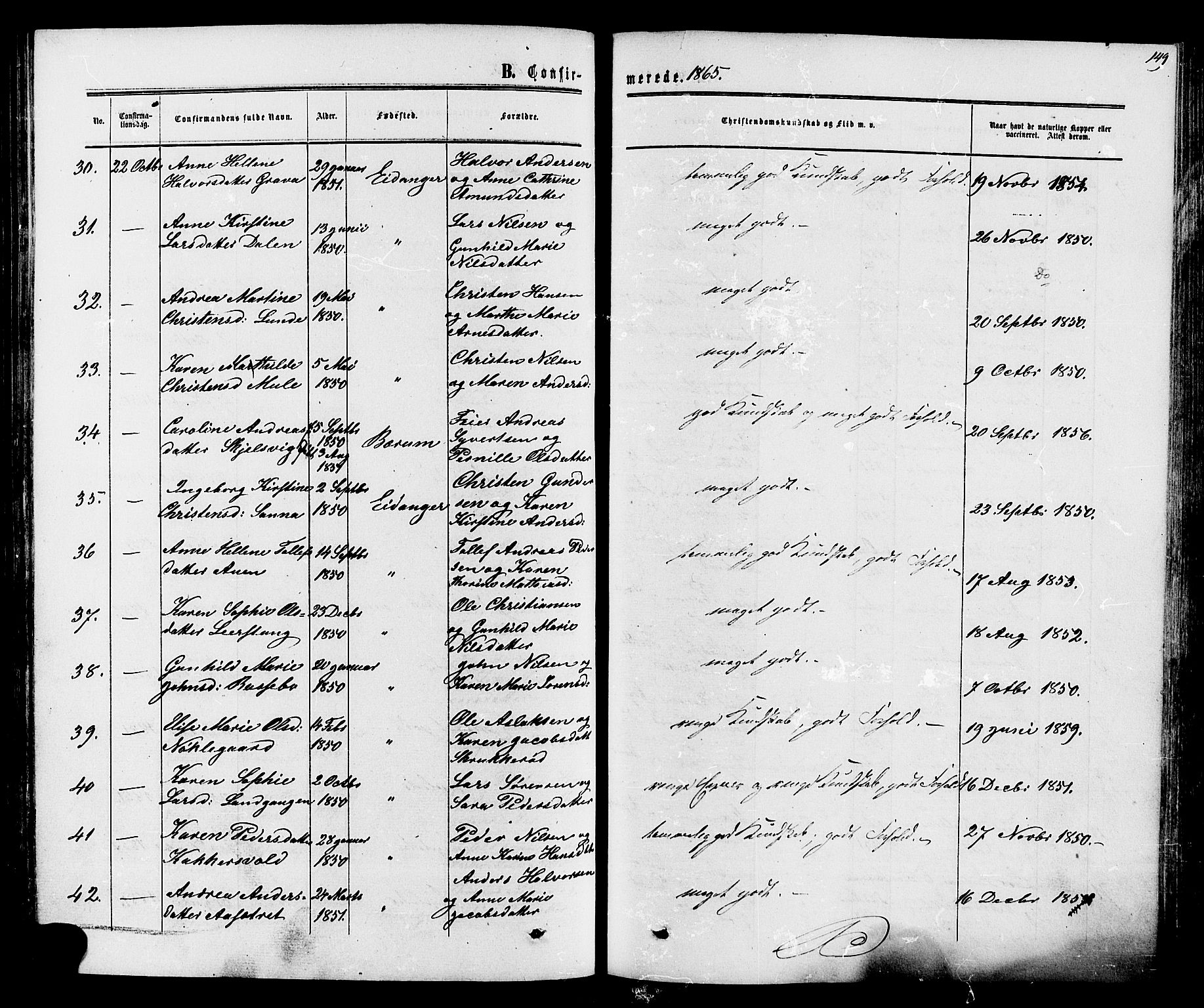 Eidanger kirkebøker, SAKO/A-261/F/Fa/L0010: Parish register (official) no. 10, 1859-1874, p. 149