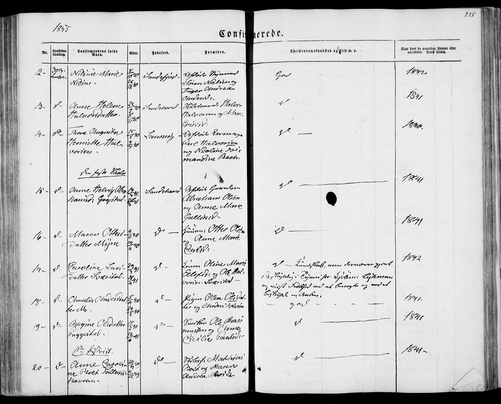 Sandar kirkebøker, SAKO/A-243/F/Fa/L0007: Parish register (official) no. 7, 1855-1861, p. 228