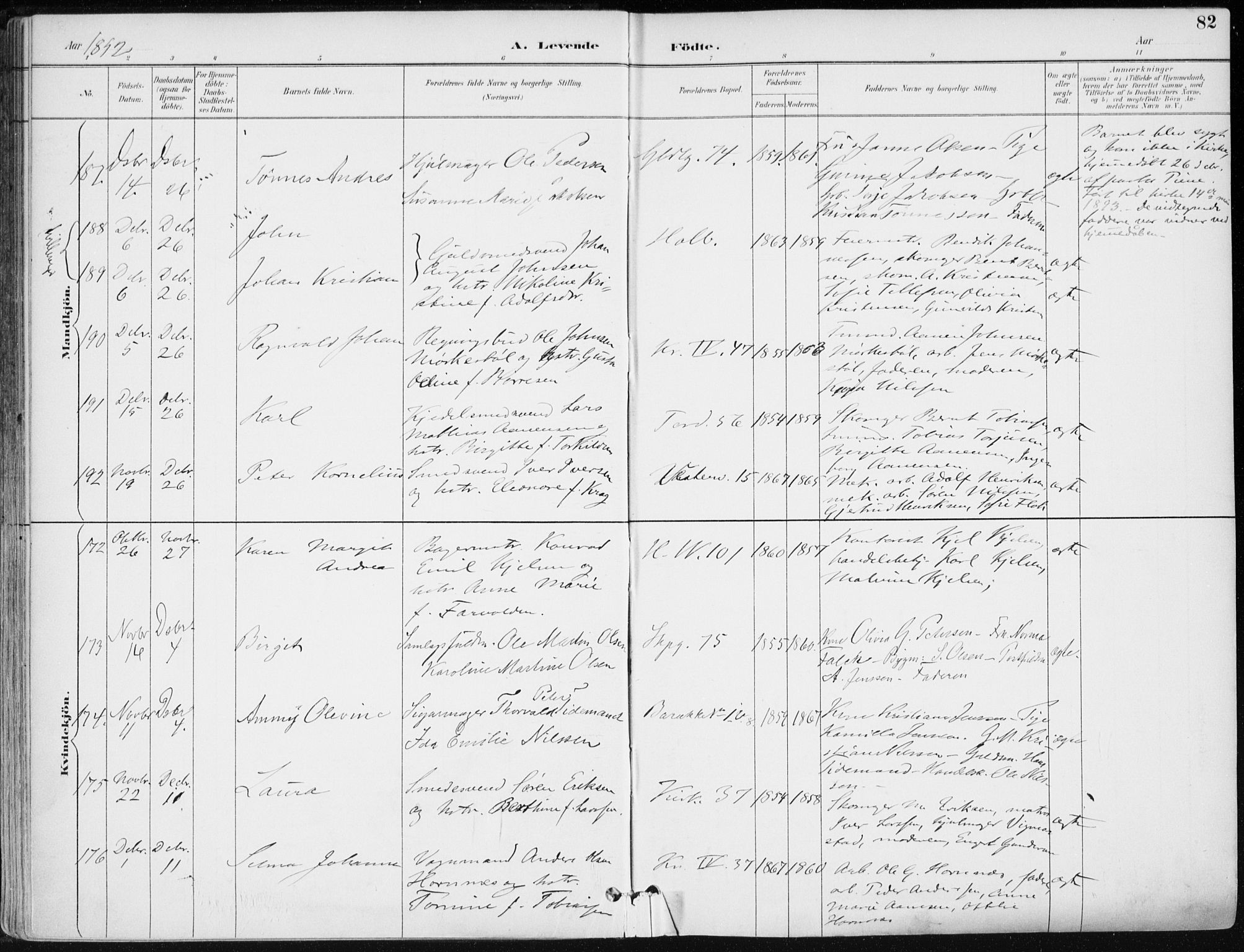 Kristiansand domprosti, SAK/1112-0006/F/Fa/L0019: Parish register (official) no. A 18, 1890-1897, p. 82