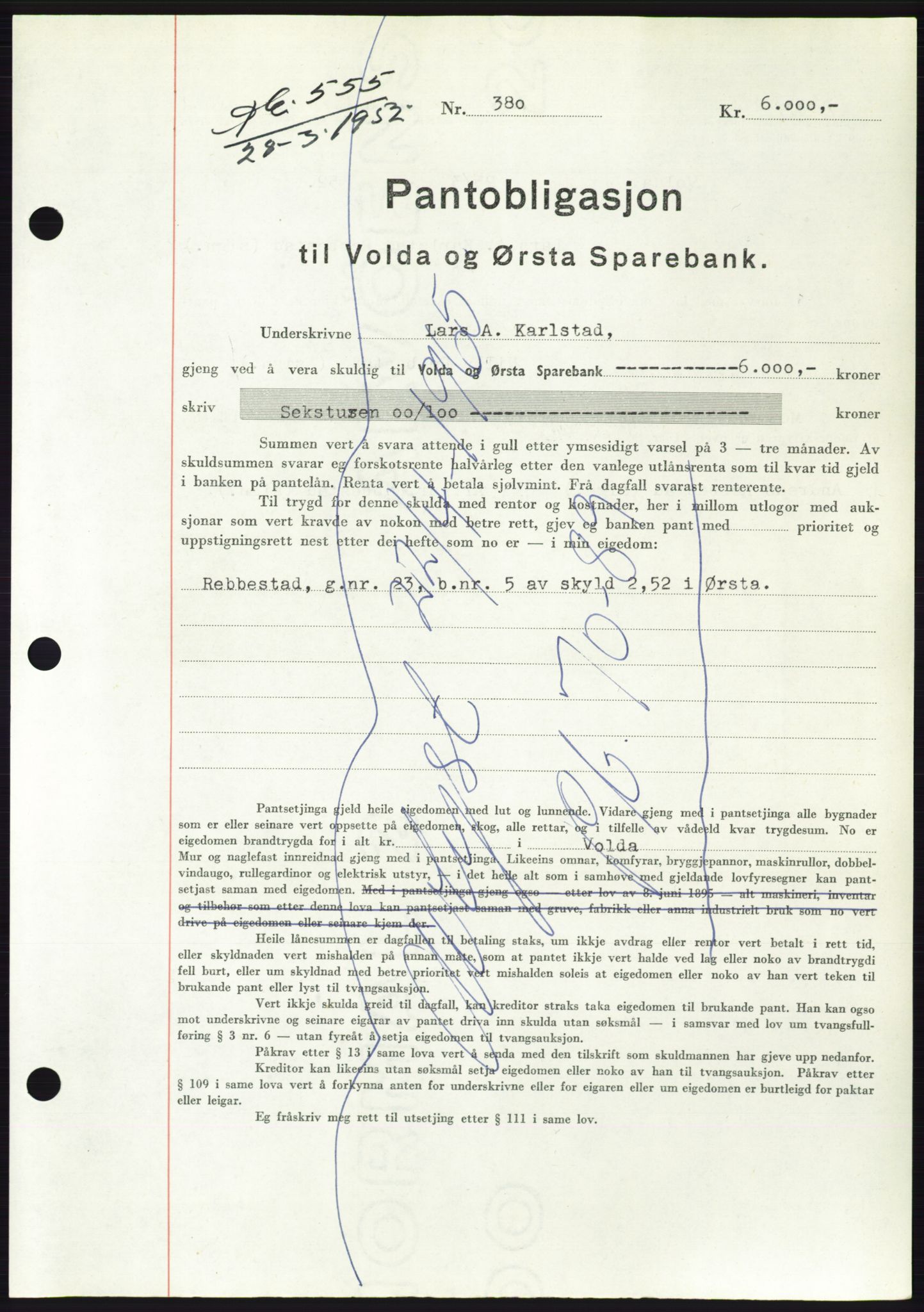 Søre Sunnmøre sorenskriveri, AV/SAT-A-4122/1/2/2C/L0121: Mortgage book no. 9B, 1951-1952, Diary no: : 555/1952