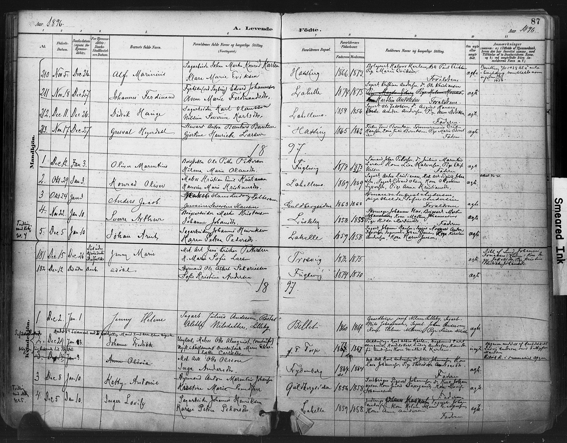 Glemmen prestekontor Kirkebøker, SAO/A-10908/F/Fa/L0013: Parish register (official) no. 13, 1892-1907, p. 87