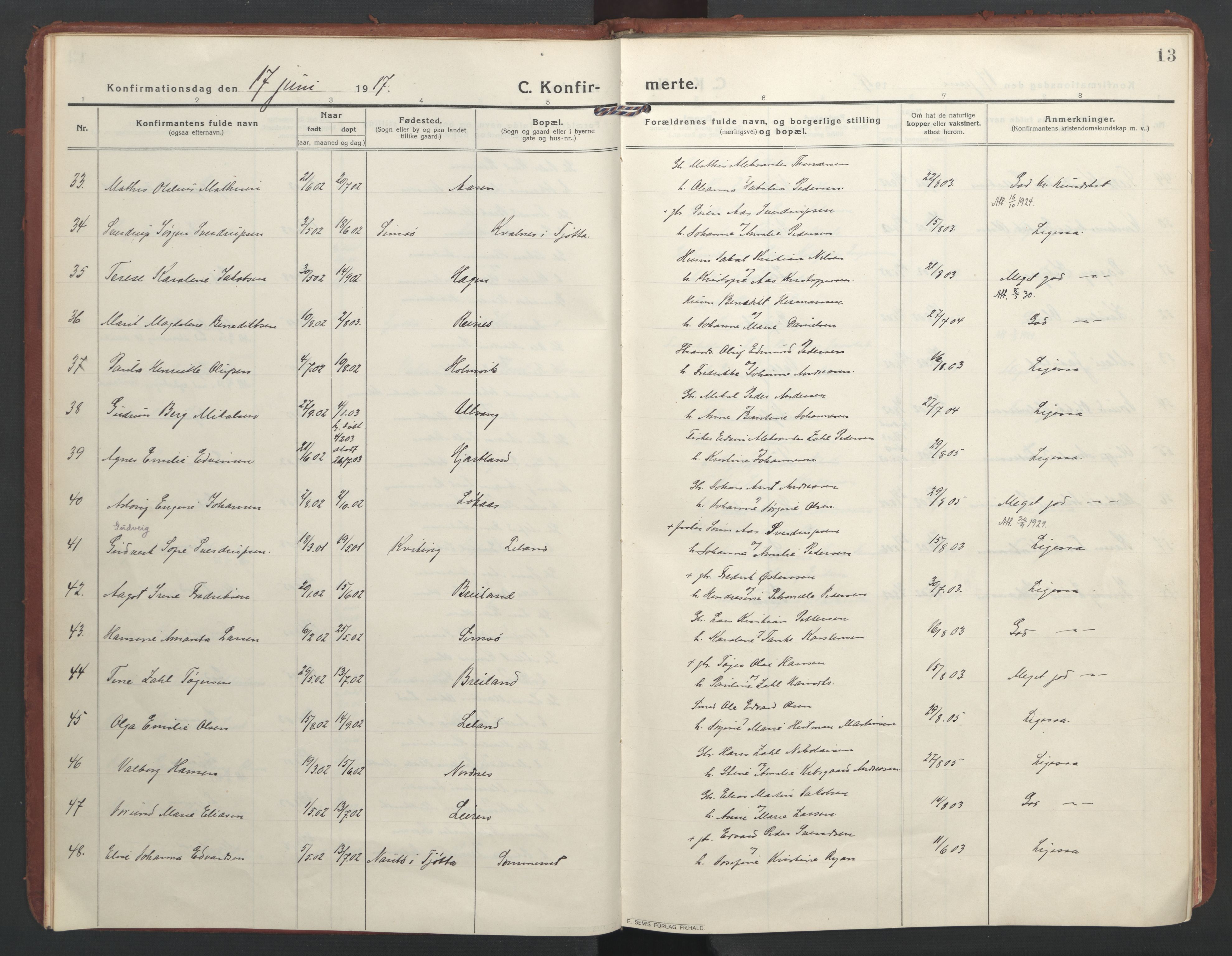 Ministerialprotokoller, klokkerbøker og fødselsregistre - Nordland, AV/SAT-A-1459/832/L0492: Parish register (official) no. 832A01, 1916-1934, p. 13