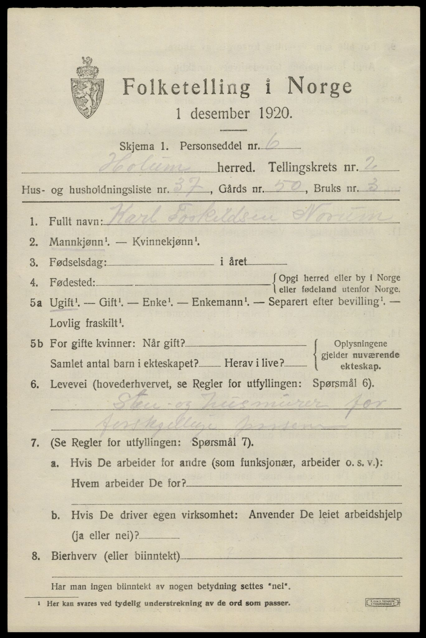 SAK, 1920 census for Holum, 1920, p. 1611