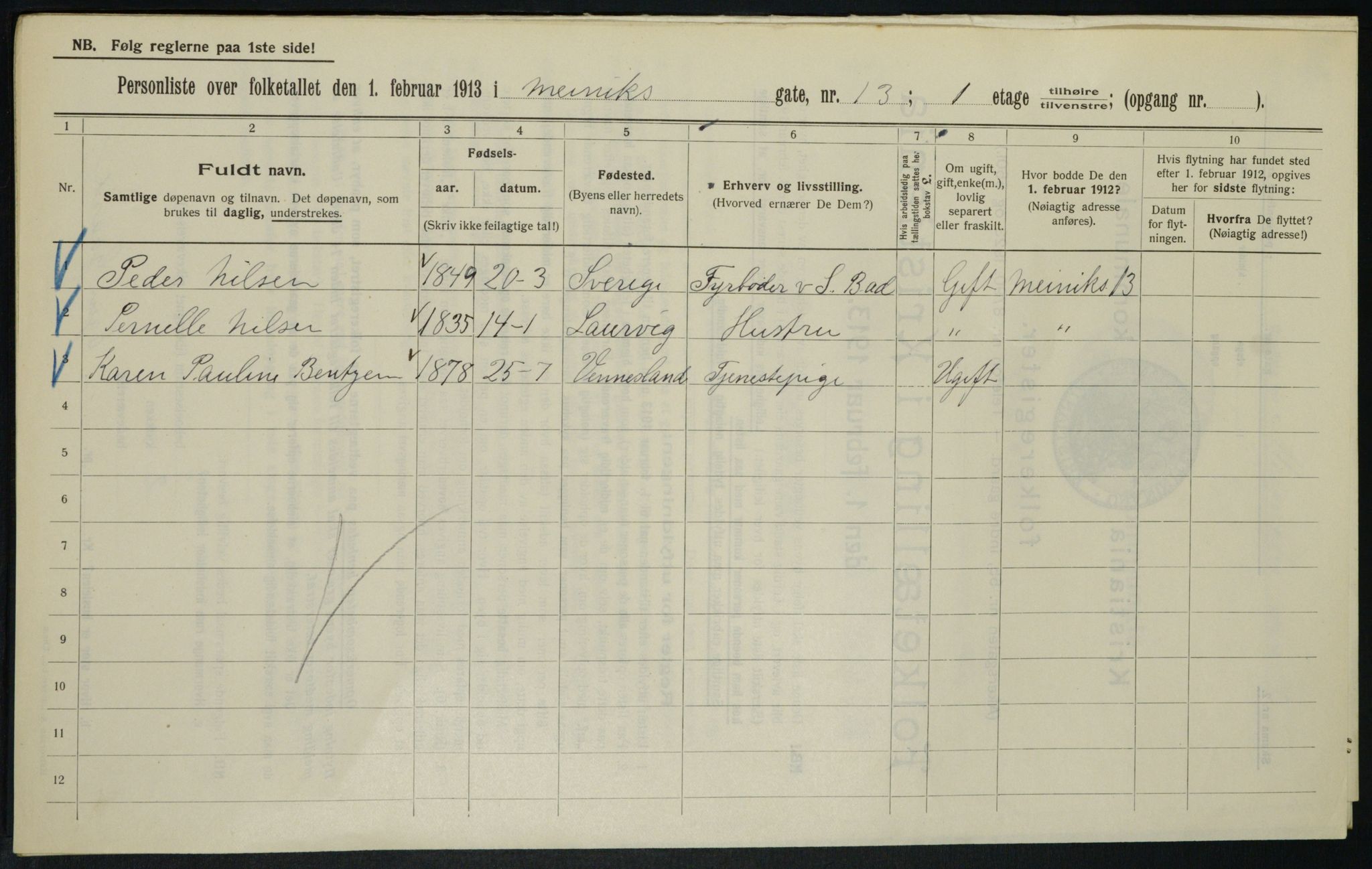 OBA, Municipal Census 1913 for Kristiania, 1913, p. 64847