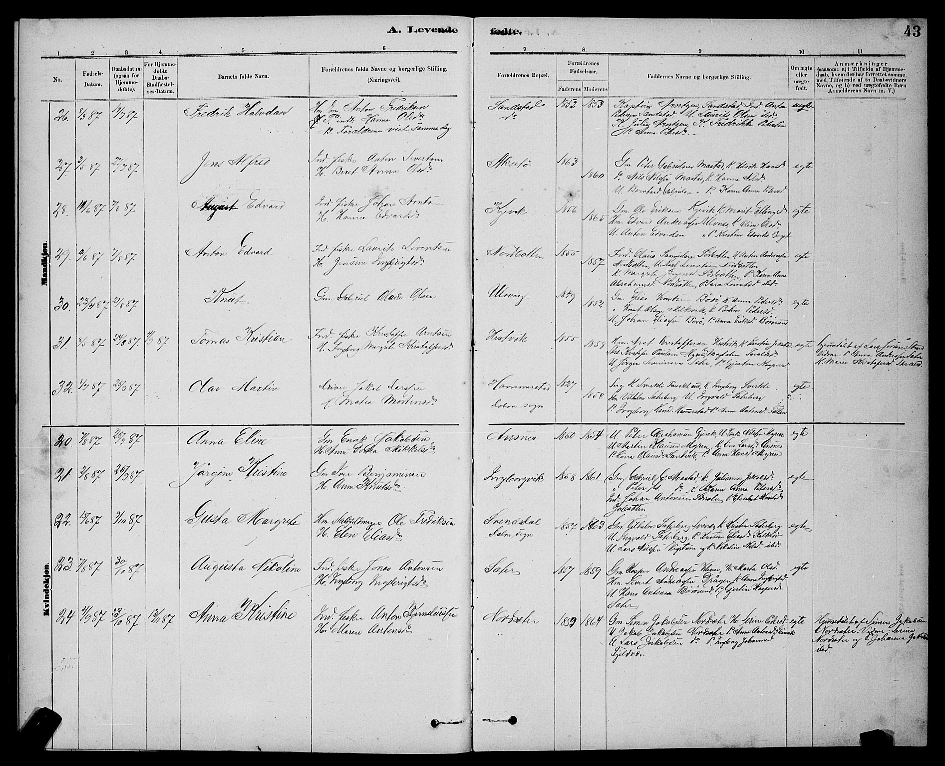 Ministerialprotokoller, klokkerbøker og fødselsregistre - Sør-Trøndelag, AV/SAT-A-1456/637/L0562: Parish register (copy) no. 637C03, 1883-1898, p. 43