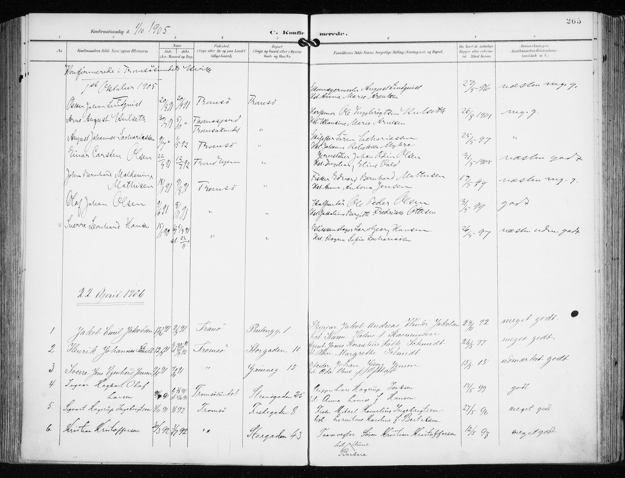 Tromsø sokneprestkontor/stiftsprosti/domprosti, SATØ/S-1343/G/Ga/L0016kirke: Parish register (official) no. 16, 1899-1906, p. 265