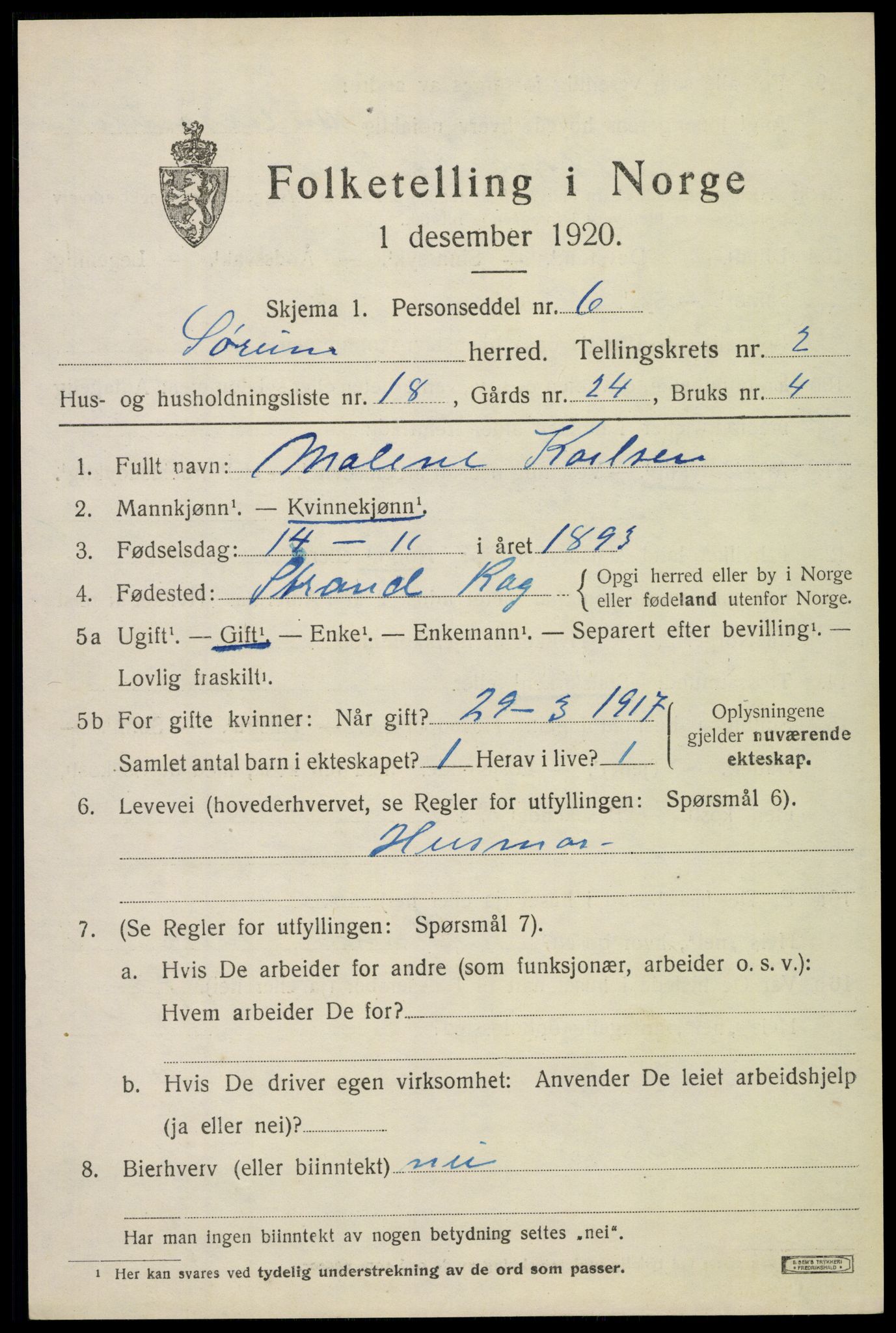 SAO, 1920 census for Sørum, 1920, p. 1903