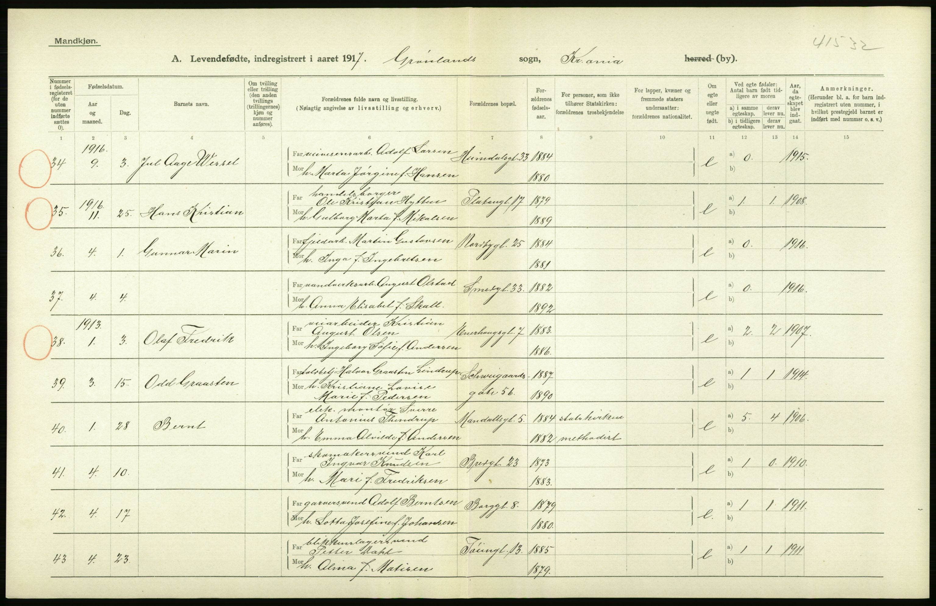 Statistisk sentralbyrå, Sosiodemografiske emner, Befolkning, AV/RA-S-2228/D/Df/Dfb/Dfbg/L0006: Kristiania: Levendefødte menn og kvinner., 1917, p. 10