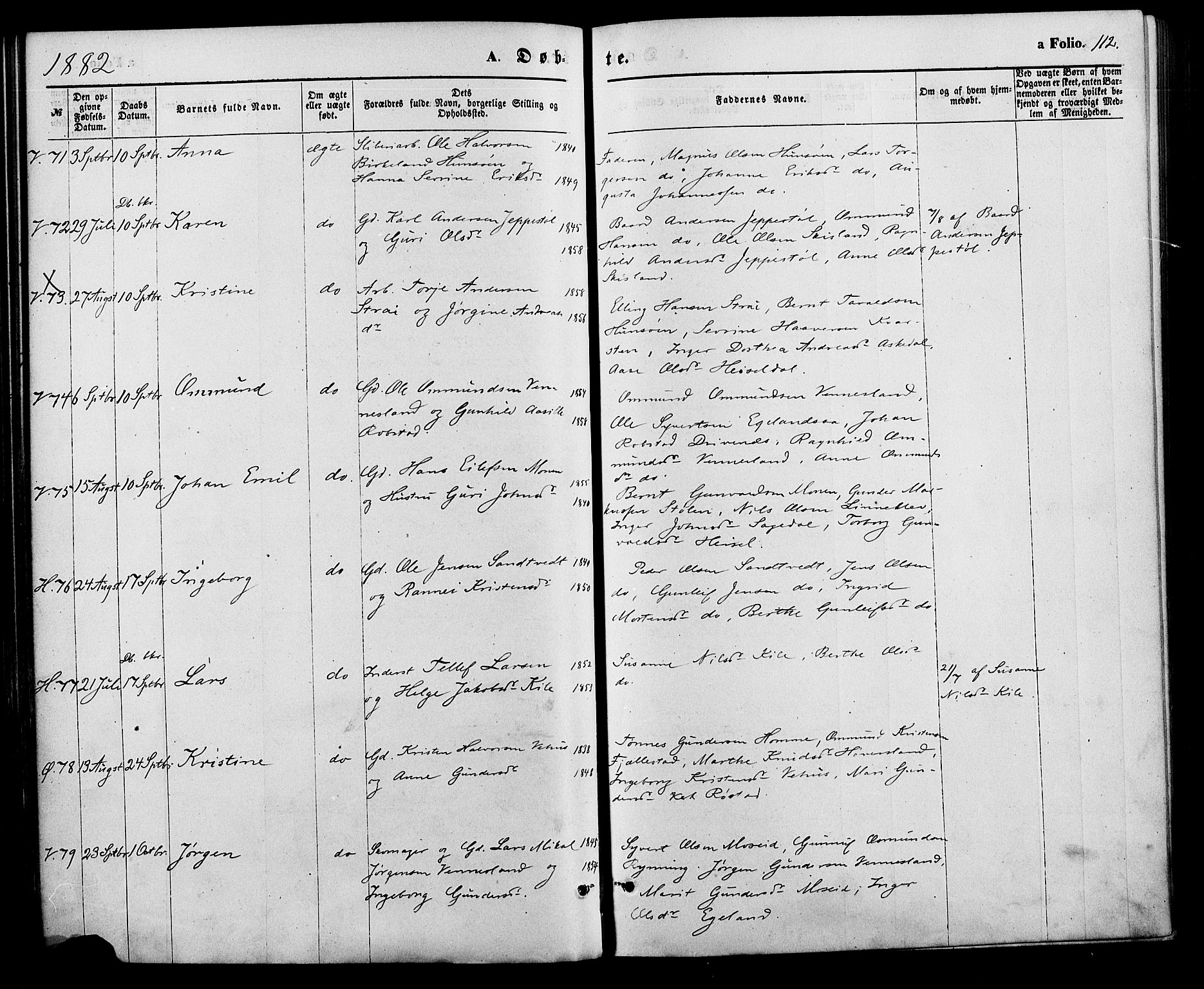 Vennesla sokneprestkontor, SAK/1111-0045/Fa/Fac/L0008: Parish register (official) no. A 8, 1874-1883, p. 112