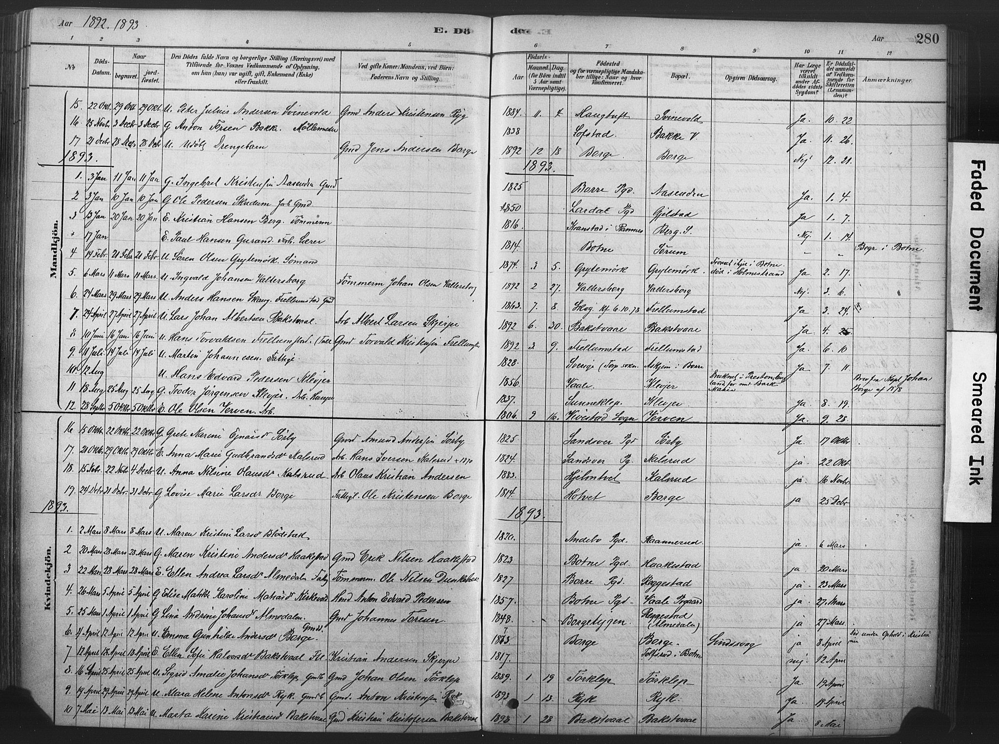 Våle kirkebøker, SAKO/A-334/F/Fa/L0011: Parish register (official) no. I 11, 1878-1906, p. 280