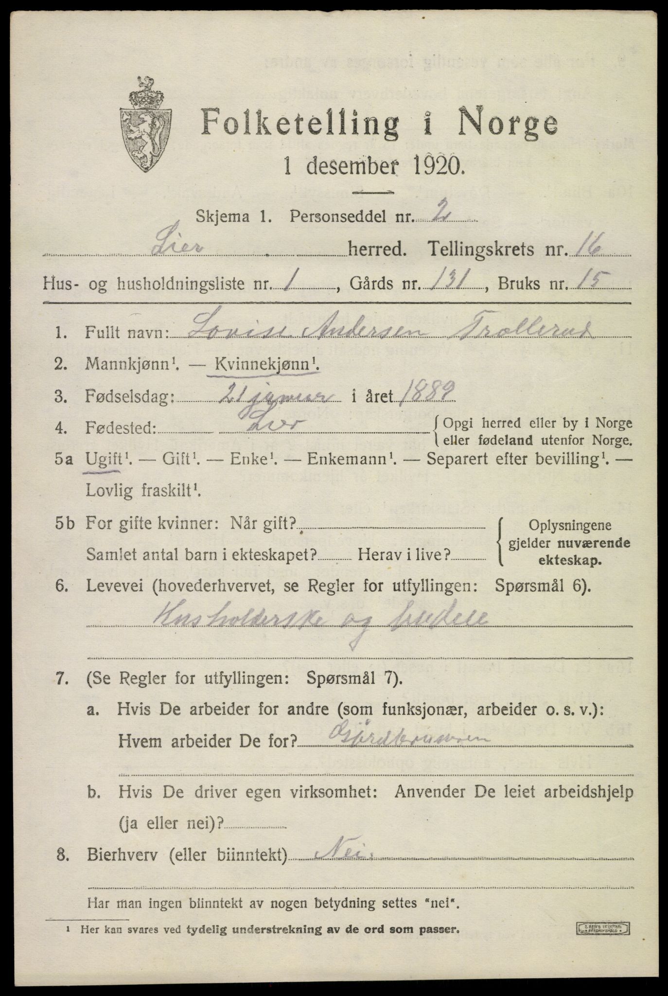 SAKO, 1920 census for Lier, 1920, p. 23284