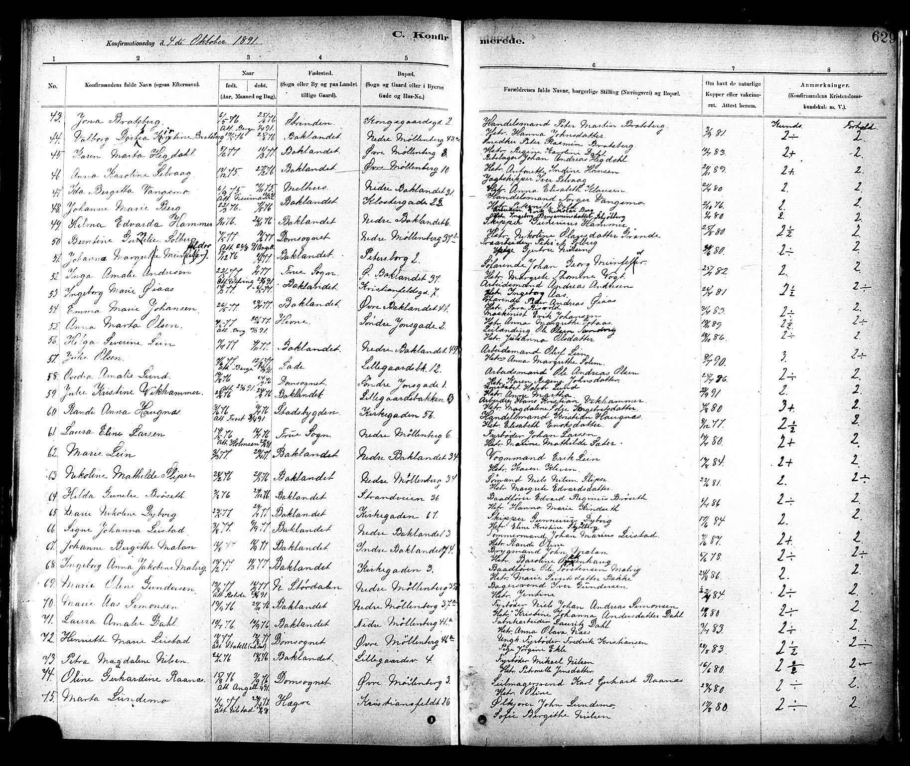 Ministerialprotokoller, klokkerbøker og fødselsregistre - Sør-Trøndelag, SAT/A-1456/604/L0188: Parish register (official) no. 604A09, 1878-1892, p. 629