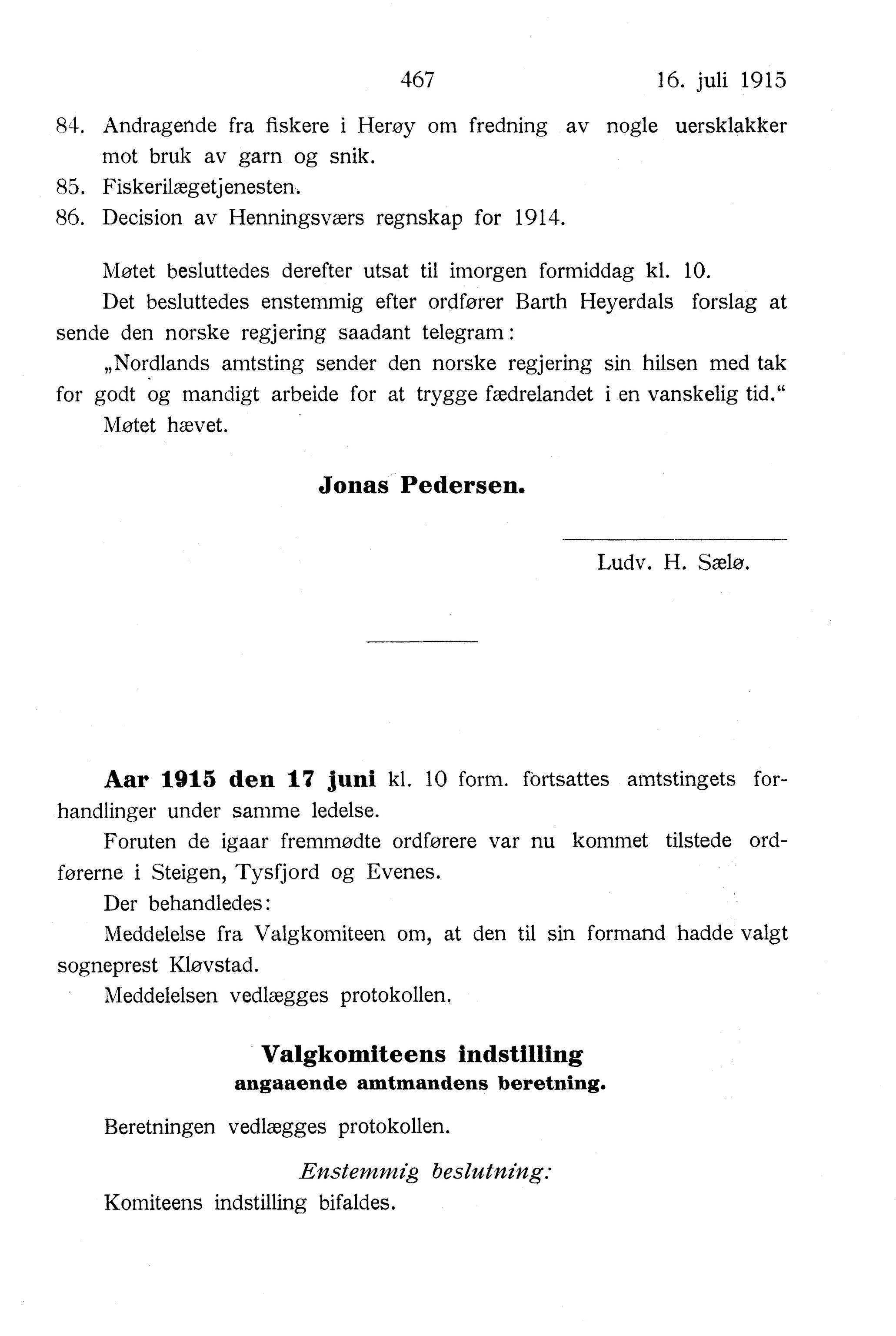 Nordland Fylkeskommune. Fylkestinget, AIN/NFK-17/176/A/Ac/L0038: Fylkestingsforhandlinger 1915, 1915, p. 467