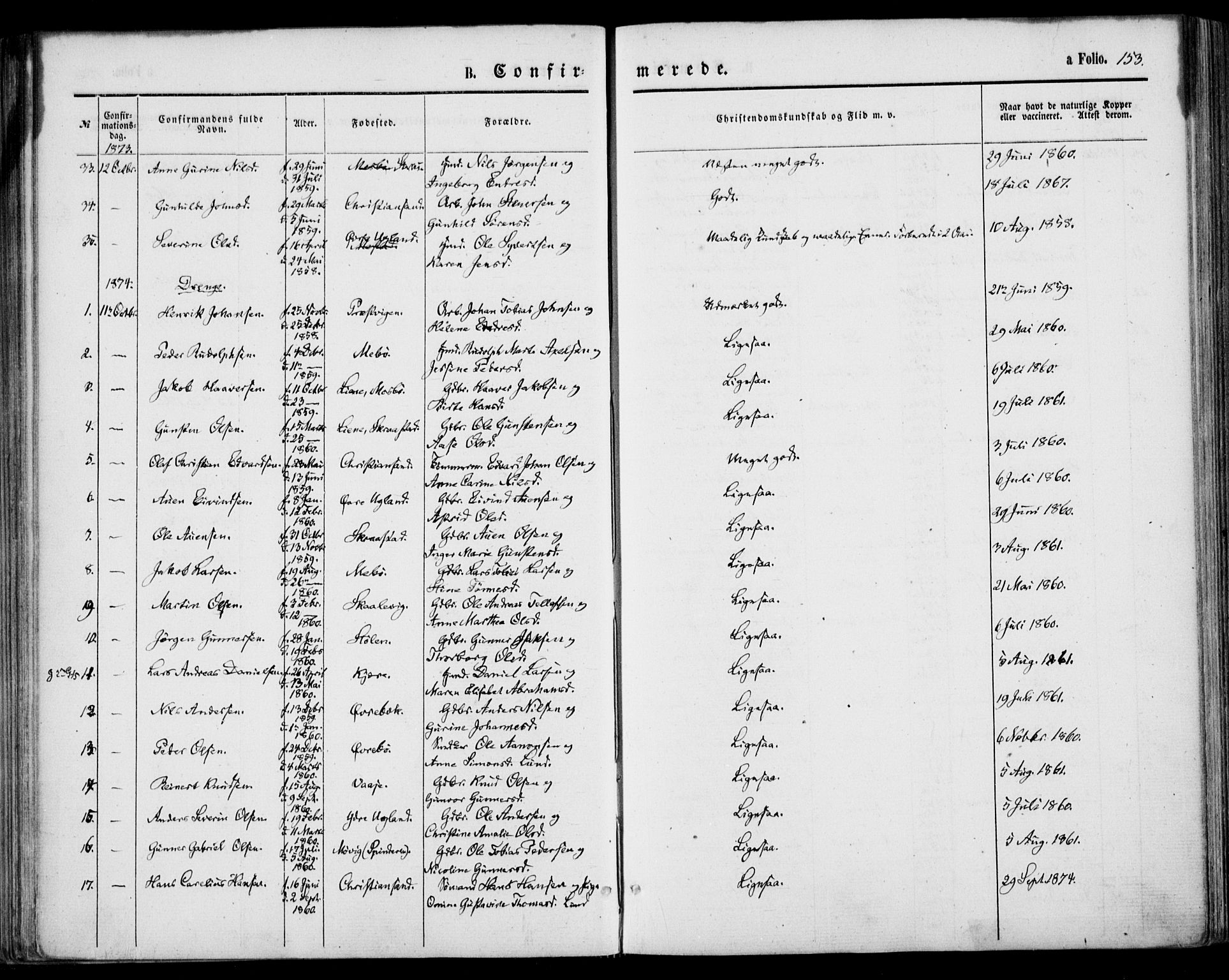 Oddernes sokneprestkontor, AV/SAK-1111-0033/F/Fa/Faa/L0008: Parish register (official) no. A 8, 1864-1880, p. 153