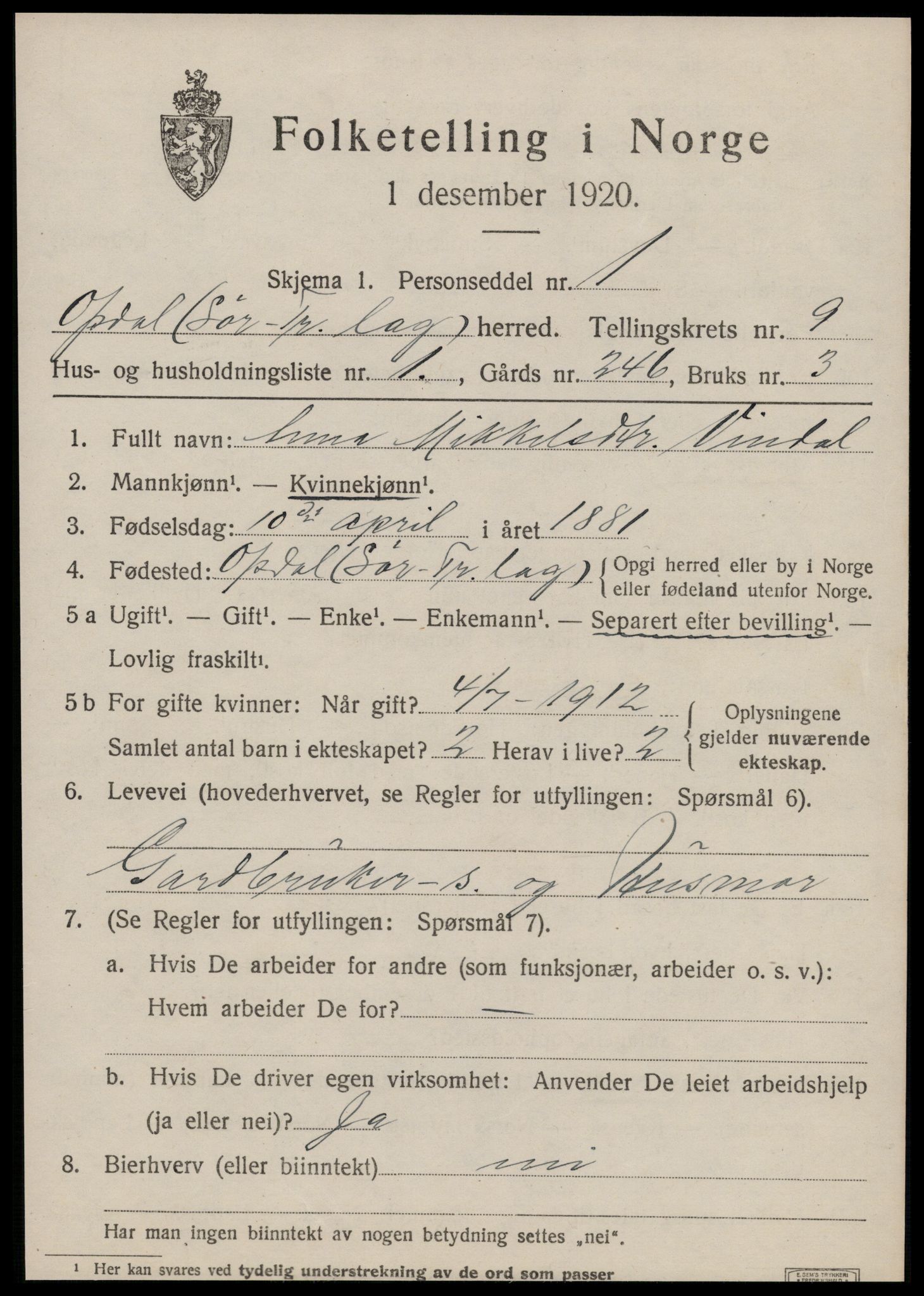 SAT, 1920 census for Oppdal, 1920, p. 7127