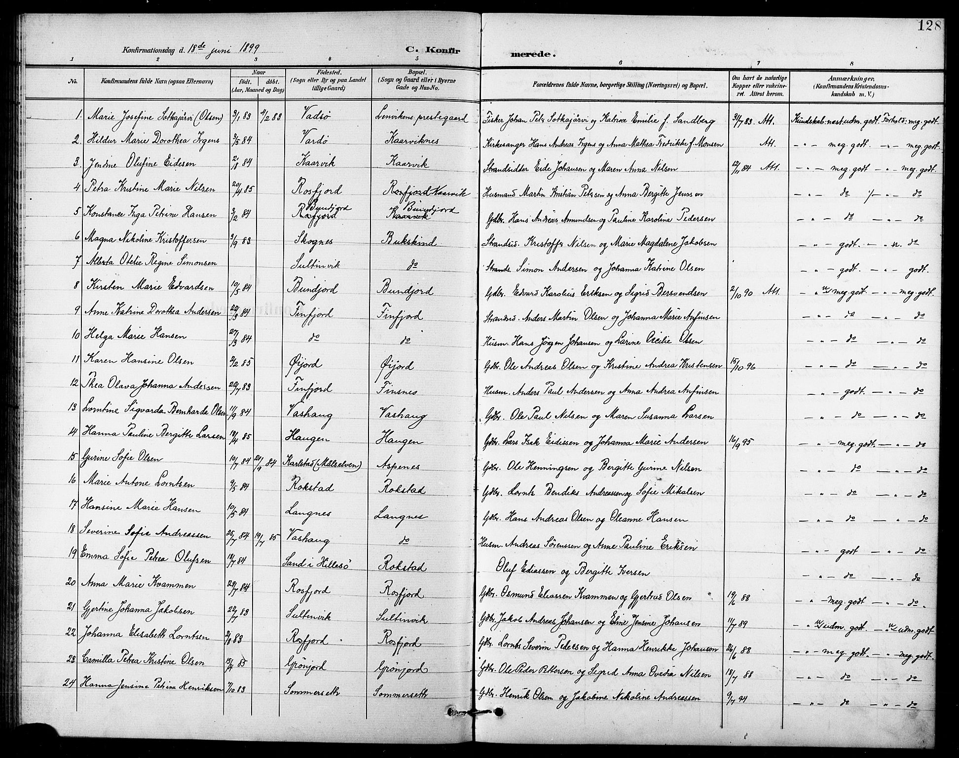 Lenvik sokneprestembete, SATØ/S-1310/H/Ha/Hab/L0008klokker: Parish register (copy) no. 8, 1899-1911, p. 128