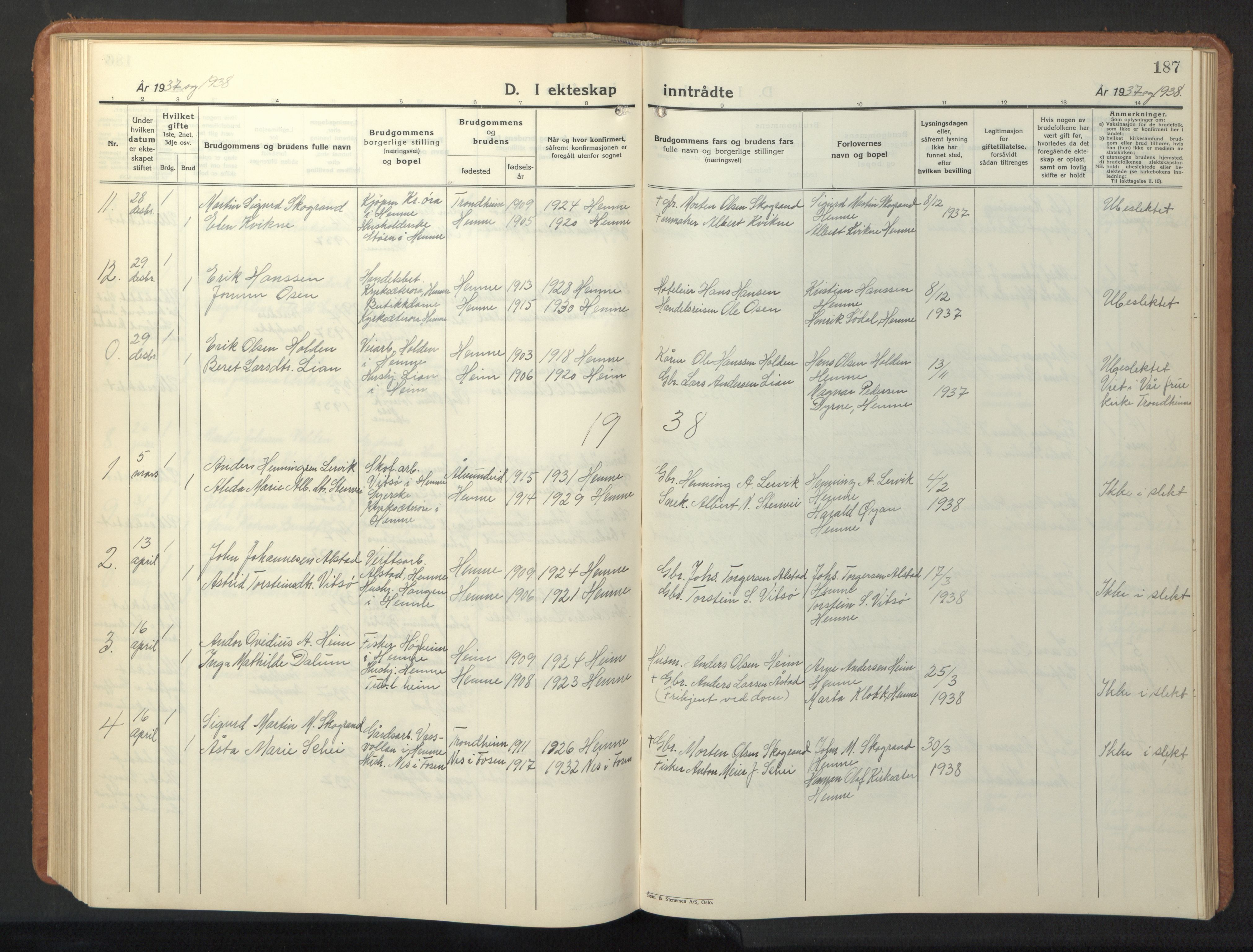 Ministerialprotokoller, klokkerbøker og fødselsregistre - Sør-Trøndelag, SAT/A-1456/630/L0508: Parish register (copy) no. 630C06, 1933-1950, p. 187
