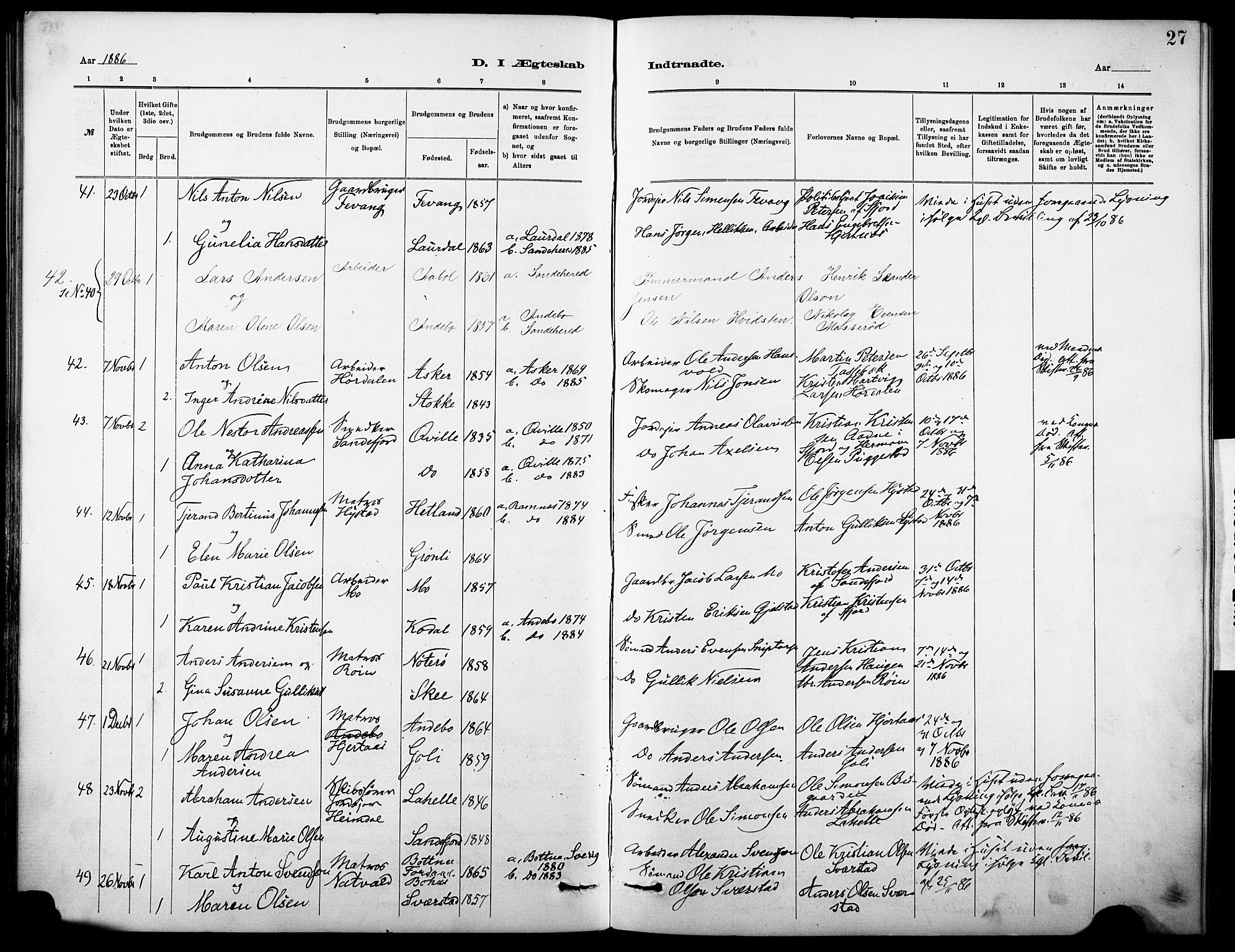 Sandar kirkebøker, AV/SAKO-A-243/F/Fa/L0013: Parish register (official) no. 13, 1883-1895, p. 27