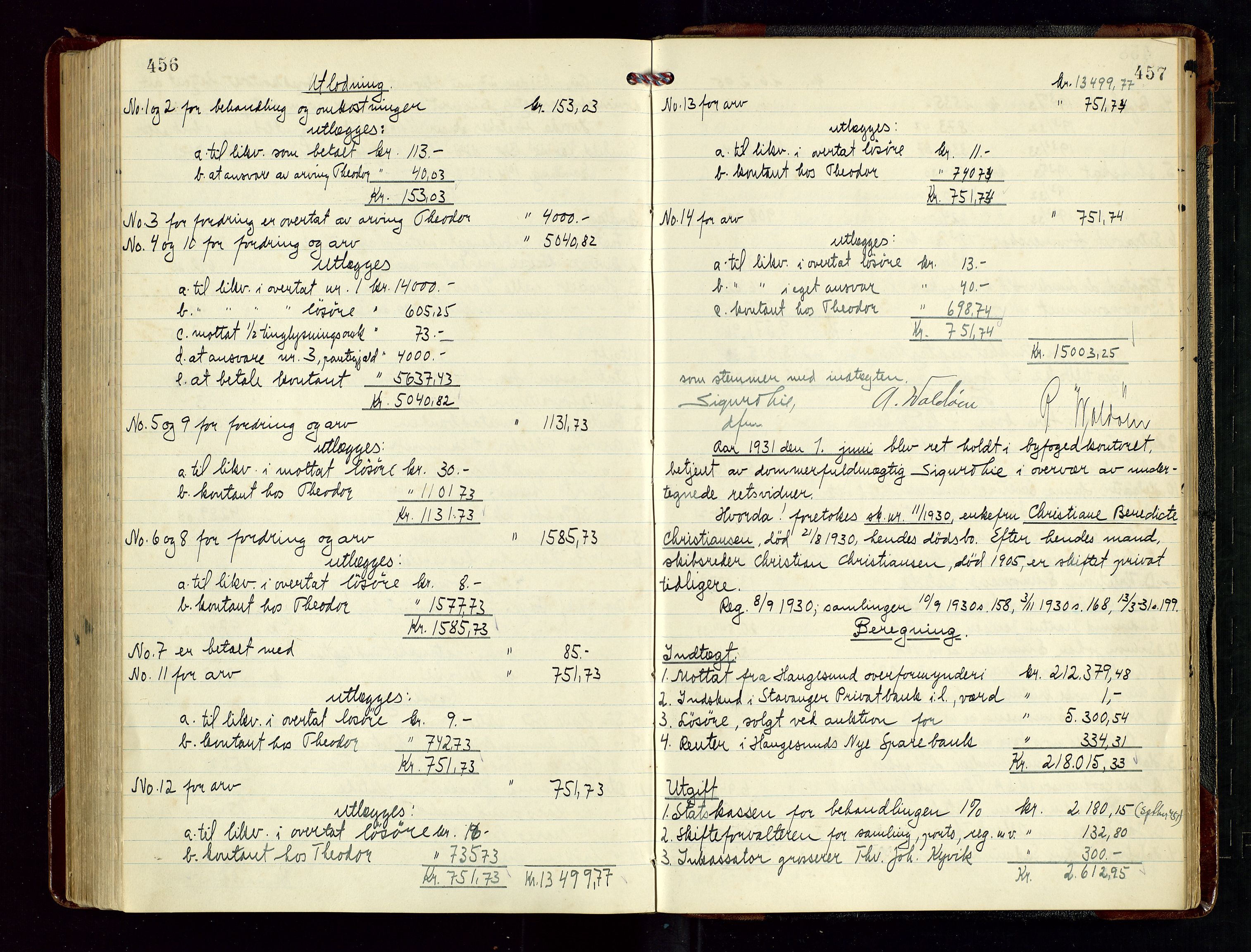 Haugesund tingrett, AV/SAST-A-101415/01/IV/IVD/L0004: Skifteutlodningsprotokoll, med register, 1924-1931, p. 456-457