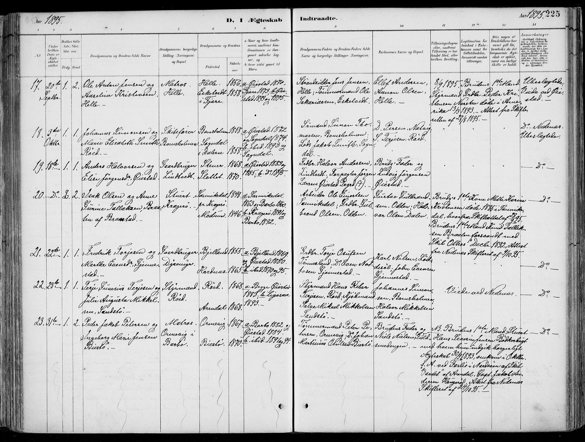 Øyestad sokneprestkontor, AV/SAK-1111-0049/F/Fa/L0017: Parish register (official) no. A 17, 1887-1896, p. 225