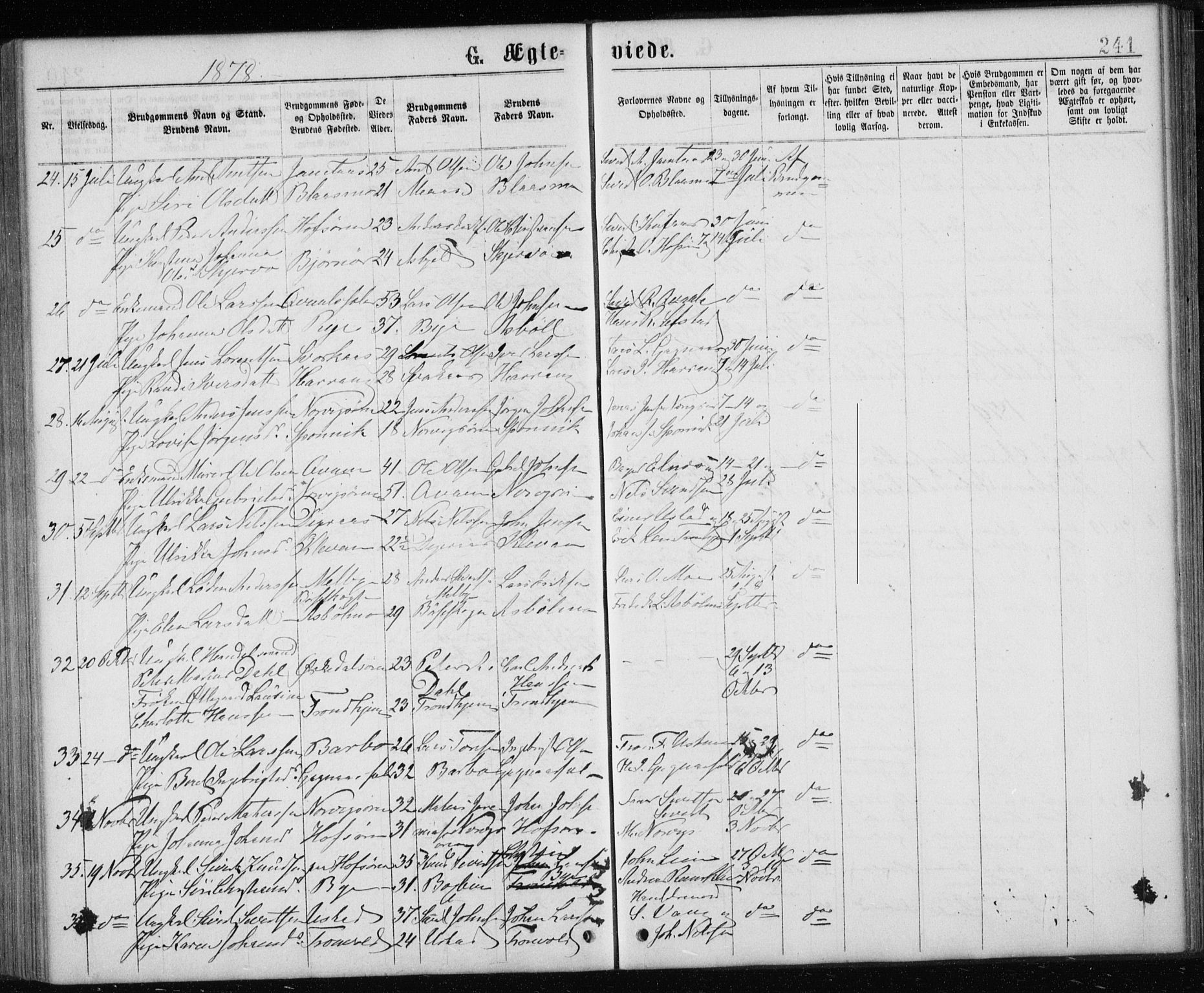 Ministerialprotokoller, klokkerbøker og fødselsregistre - Sør-Trøndelag, SAT/A-1456/668/L0817: Parish register (copy) no. 668C06, 1873-1884, p. 241