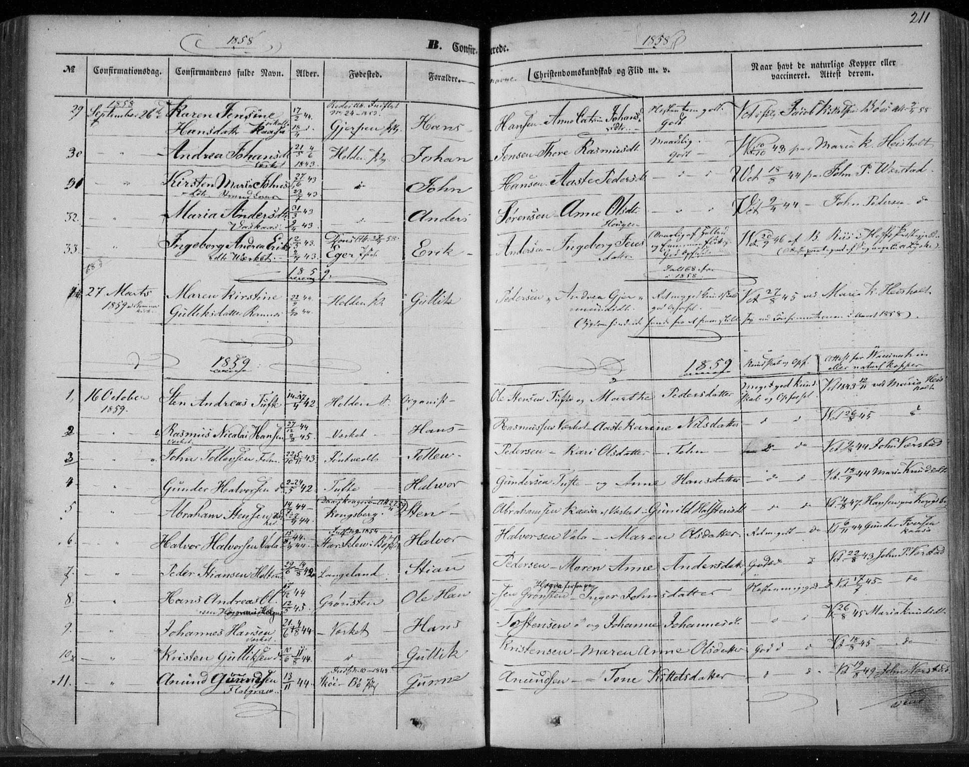 Holla kirkebøker, SAKO/A-272/F/Fa/L0005: Parish register (official) no. 5, 1849-1860, p. 211