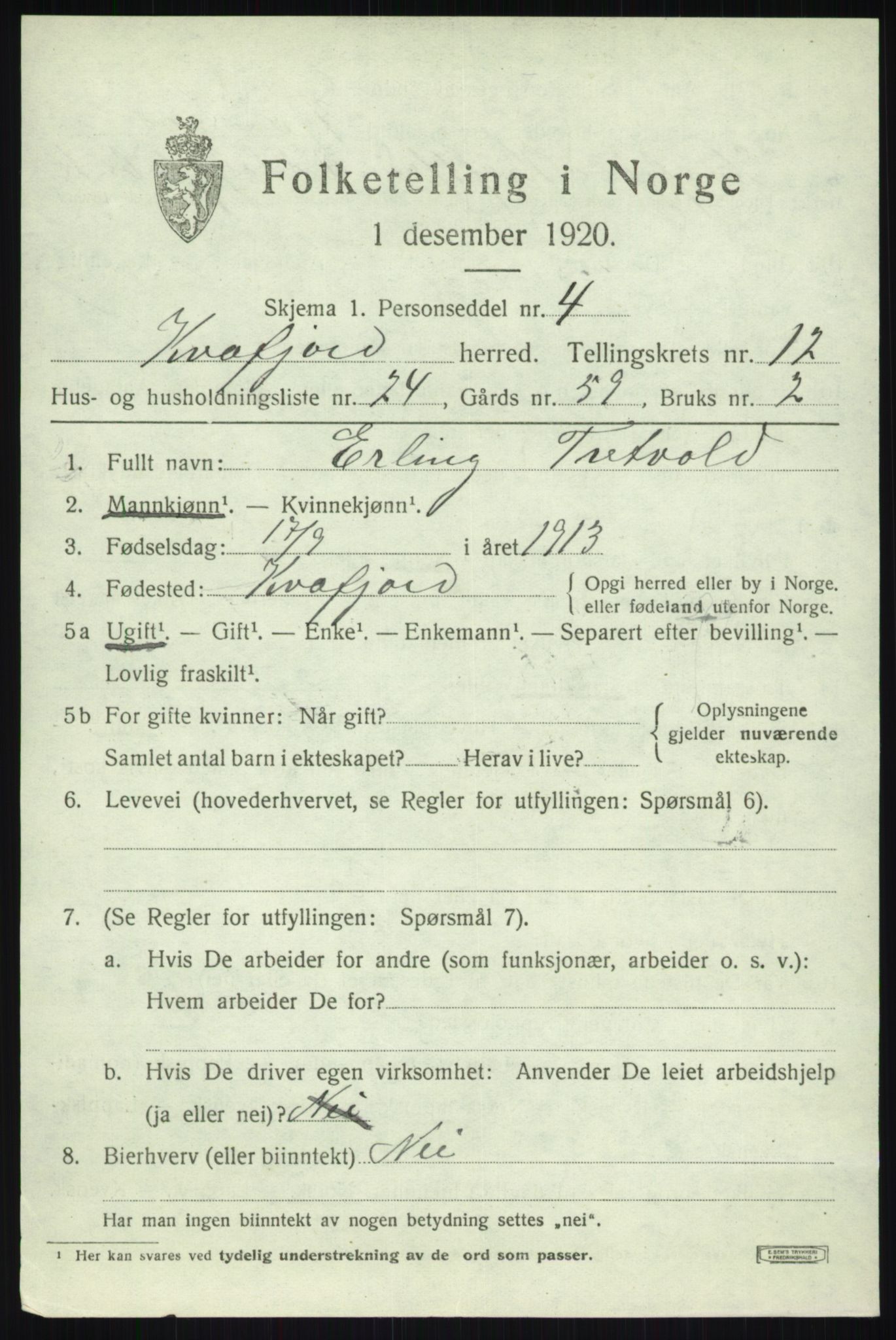 SATØ, 1920 census for Kvæfjord, 1920, p. 5947