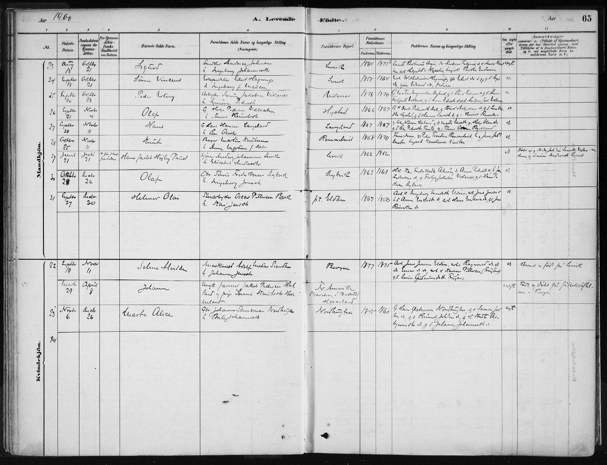 Stord sokneprestembete, SAB/A-78201/H/Haa: Parish register (official) no. B 2, 1878-1913, p. 65