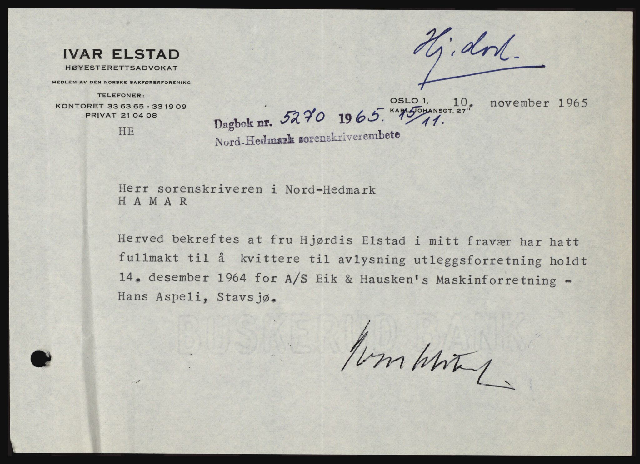 Nord-Hedmark sorenskriveri, SAH/TING-012/H/Hc/L0022: Mortgage book no. 22, 1965-1965, Diary no: : 5270/1965