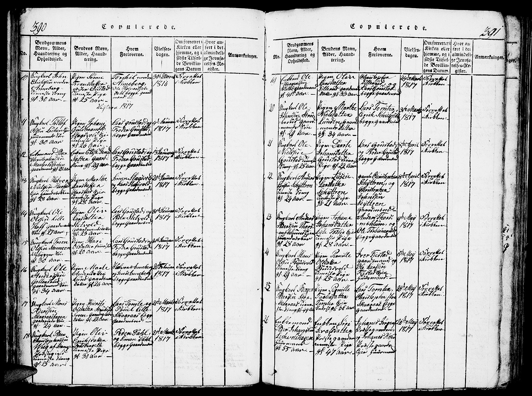 Romedal prestekontor, SAH/PREST-004/L/L0005: Parish register (copy) no. 5, 1814-1829, p. 390-391