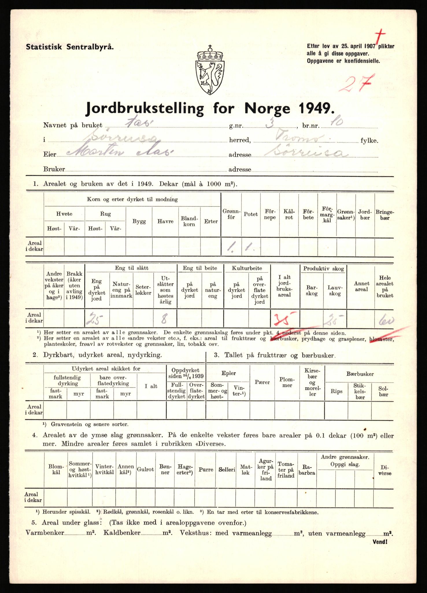 Statistisk sentralbyrå, Næringsøkonomiske emner, Jordbruk, skogbruk, jakt, fiske og fangst, AV/RA-S-2234/G/Gc/L0440: Troms: Sørreisa og Dyrøy, 1949, p. 310