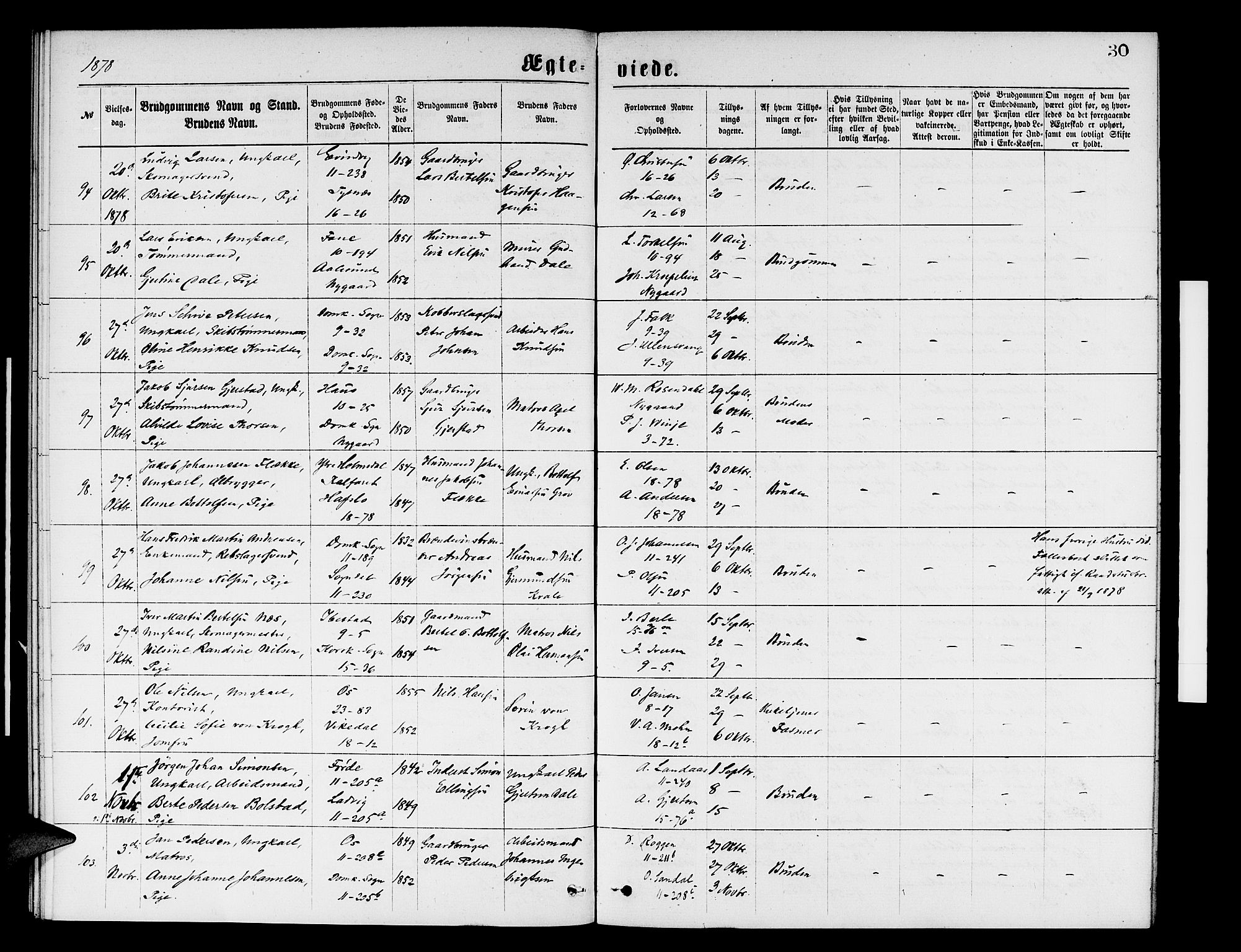 Domkirken sokneprestembete, AV/SAB-A-74801/H/Hab/L0031: Parish register (copy) no. D 3, 1877-1880, p. 30