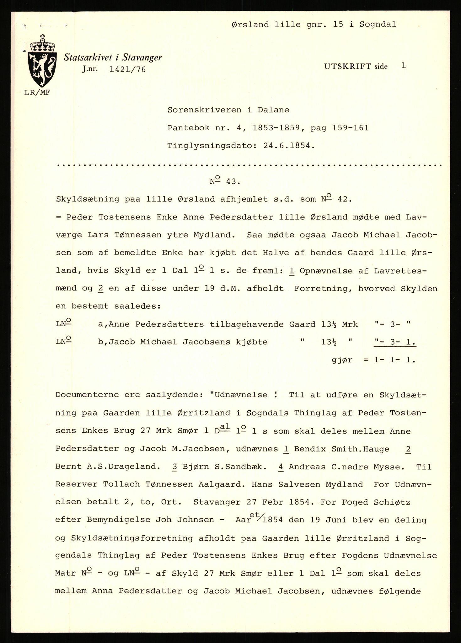 Statsarkivet i Stavanger, SAST/A-101971/03/Y/Yj/L0098: Avskrifter sortert etter gårdsnavn: Øigrei - Østeinstad, 1750-1930, p. 378